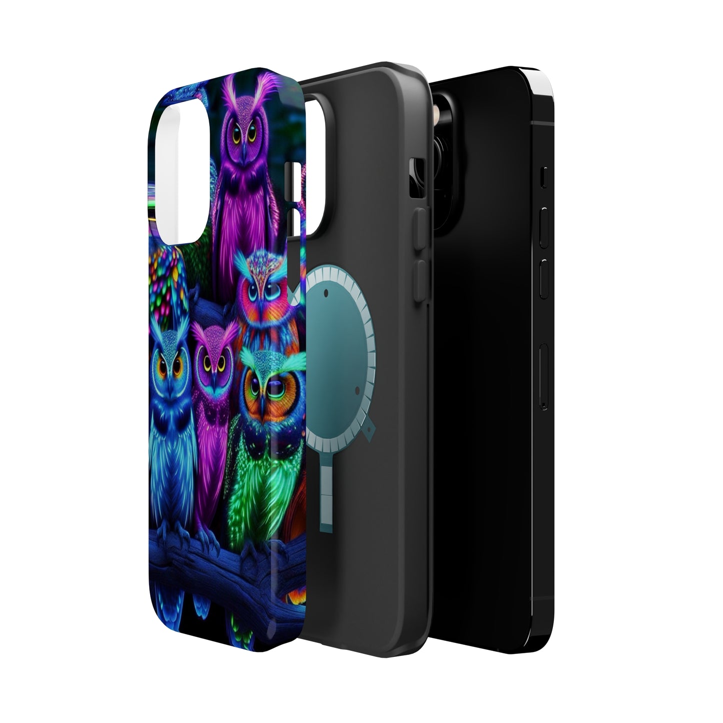 "Neon Nocturne" Neon Owls Premium Art Magsafe Magnet Tough IPhone 13 14 15 Pro Plus Max and Mini in Matte and Glossy Phone cases