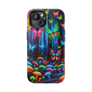 Neon Fantasia. Neon Butterflies and Mushrooms Premium Art Magsafe Magnet Tough IPhone 13 14 15 Pro Plus Max and Mini in Matte and Glossy Phone cases