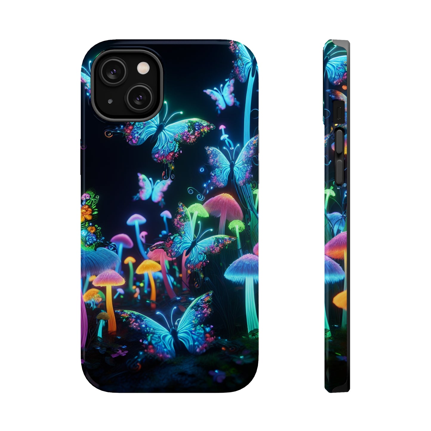 "Neon Dreamscape" Neon Butterflies and Mushrooms Premium Art Magsafe Magnet Tough IPhone 13 14 15 Pro Plus Max and Mini in Matte and Glossy Phone cases