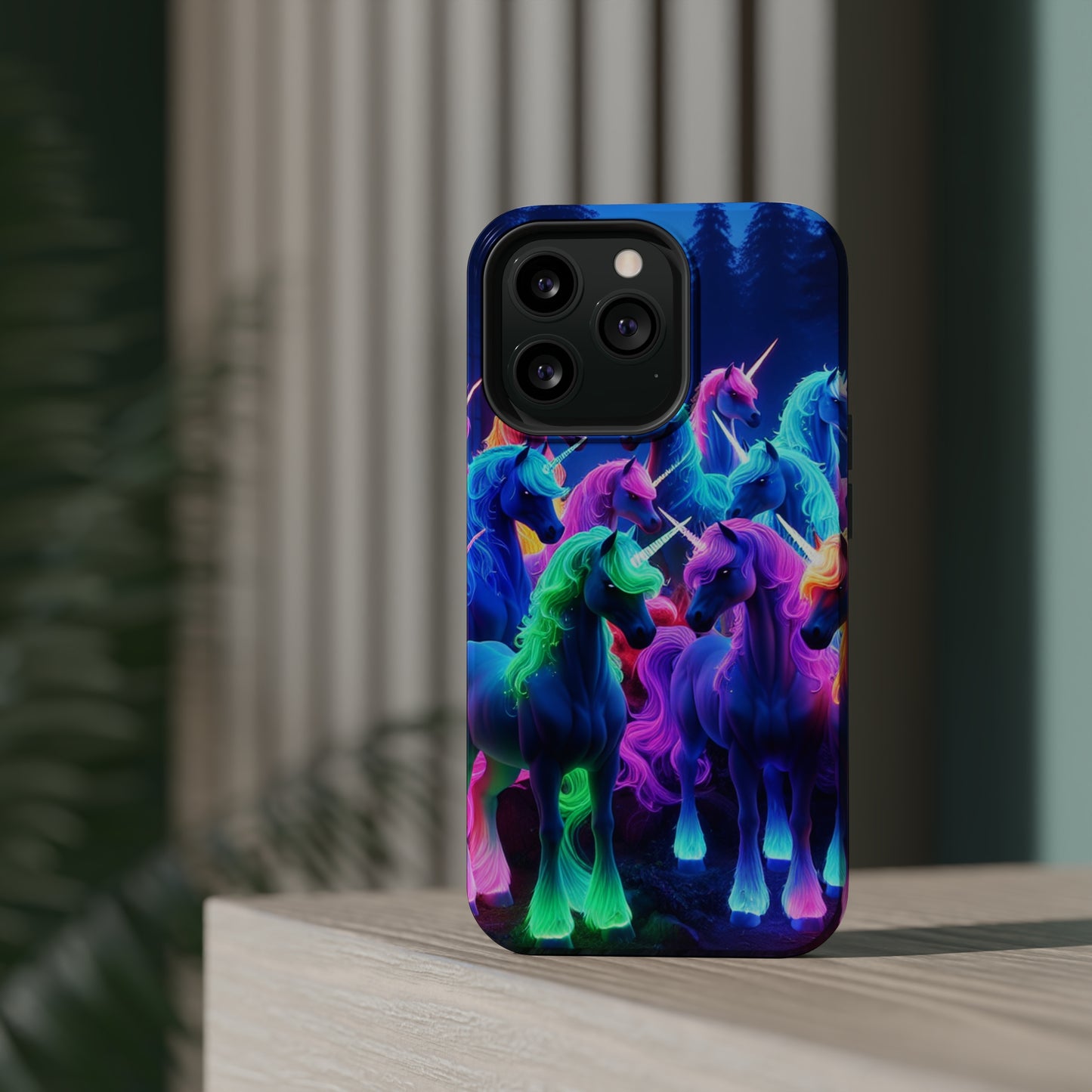 "Neon Fantasyland" Neon Unicorns Premium Art Magsafe Magnet Tough IPhone 13 14 15 Pro Plus Max and Mini in Matte and Glossy Phone cases