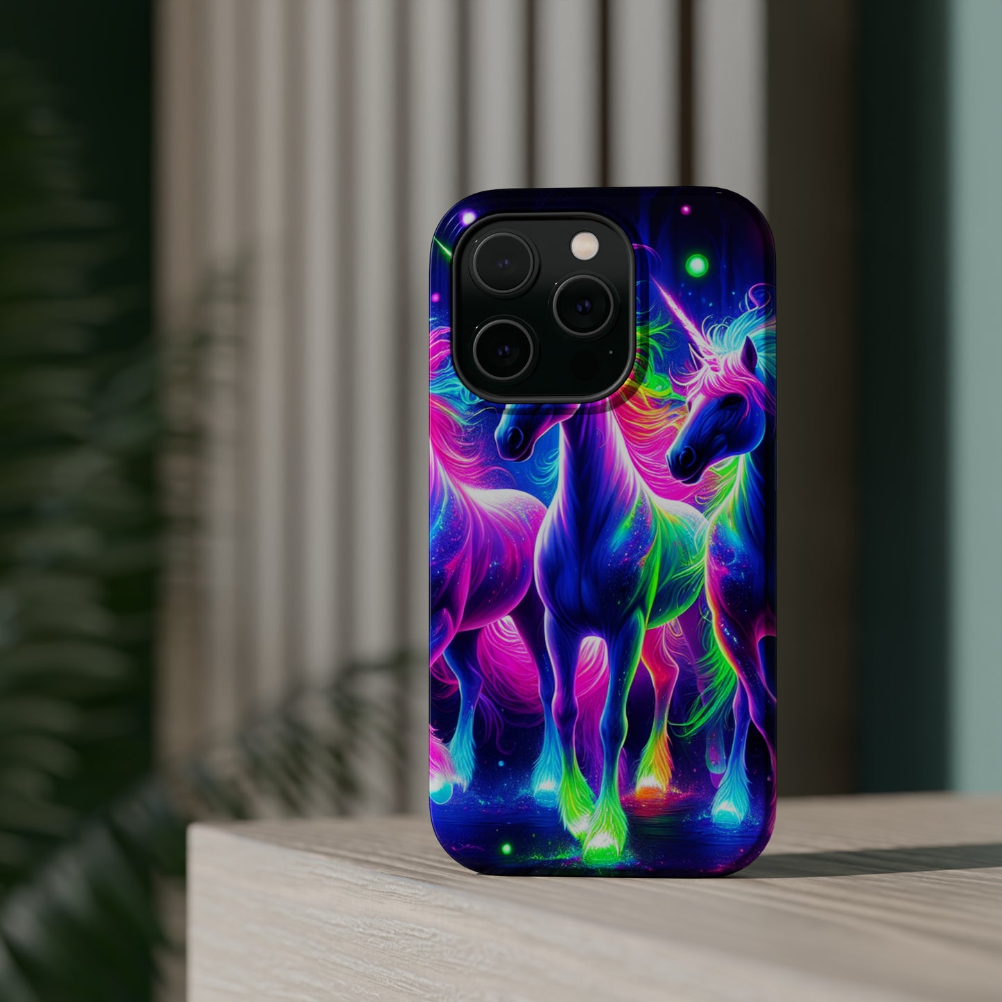 "Uni-Neon Fantasy" Neon Unicorns Premium Art Magsafe Magnet Tough IPhone 13 14 15 Pro Plus Max and Mini in Matte and Glossy Phone cases