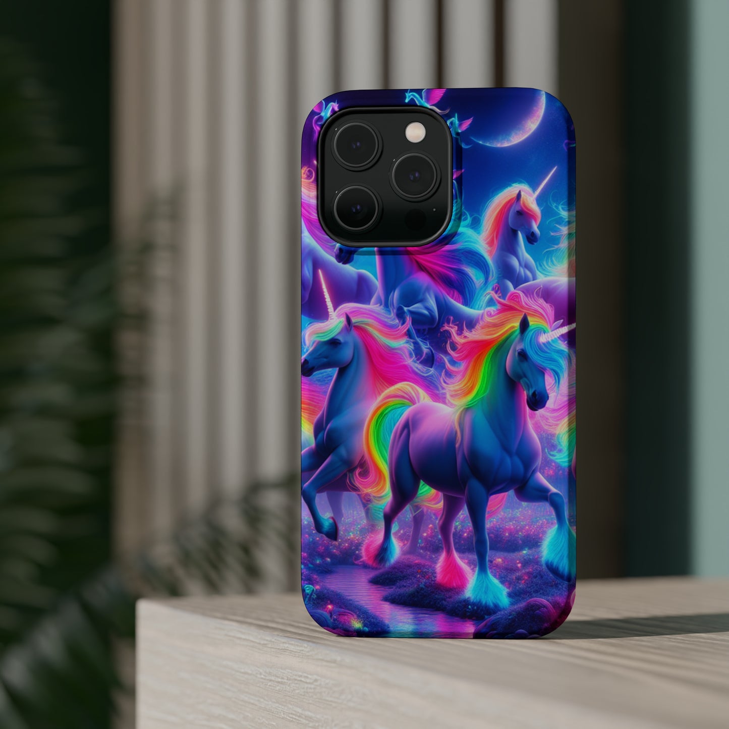 "Unicorn Prism" Neon Unicorns Premium Art Magsafe Magnet Tough IPhone 13 14 15 Pro Plus Max and Mini in Matte and Glossy Phone cases