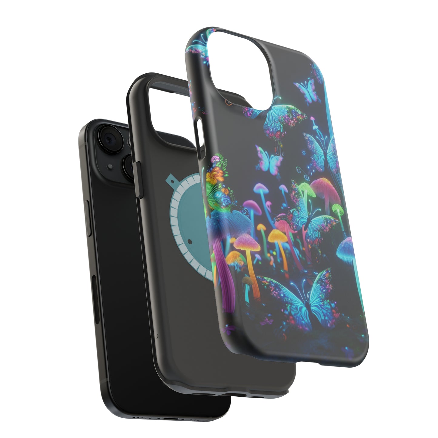 "Neon Dreamscape" Neon Butterflies and Mushrooms Premium Art Magsafe Magnet Tough IPhone 13 14 15 Pro Plus Max and Mini in Matte and Glossy Phone cases