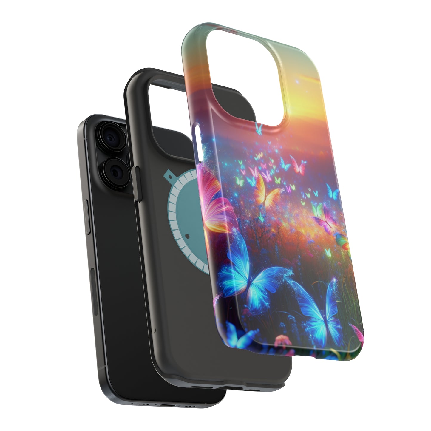 Neon Flight Fantasy Neon Butterflies Premium Art Magsafe Magnet Tough IPhone 13 14 15 Pro Plus Max and Mini in Matte and Glossy Phone cases