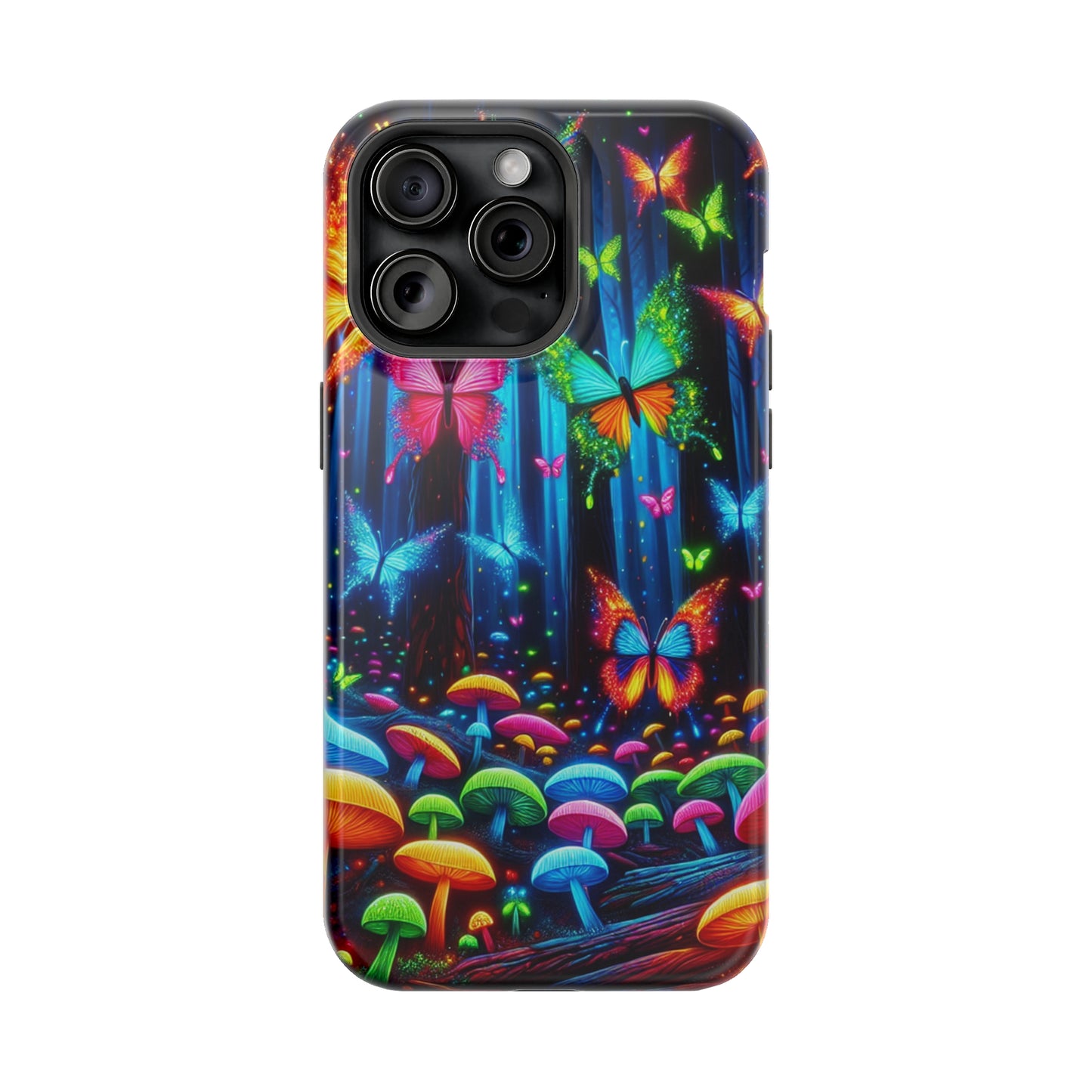 Neon Fantasia. Neon Butterflies and Mushrooms Premium Art Magsafe Magnet Tough IPhone 13 14 15 Pro Plus Max and Mini in Matte and Glossy Phone cases