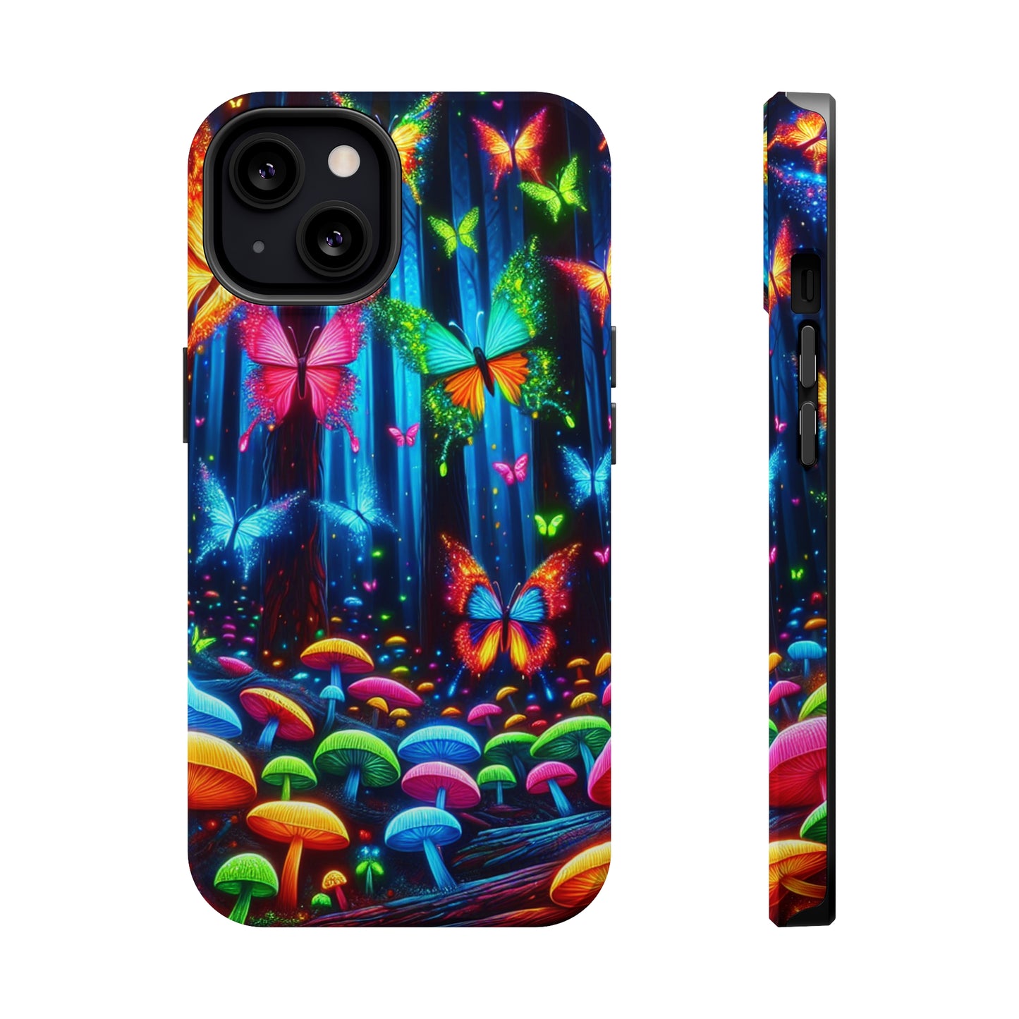 Neon Fantasia. Neon Butterflies and Mushrooms Premium Art Magsafe Magnet Tough IPhone 13 14 15 Pro Plus Max and Mini in Matte and Glossy Phone cases
