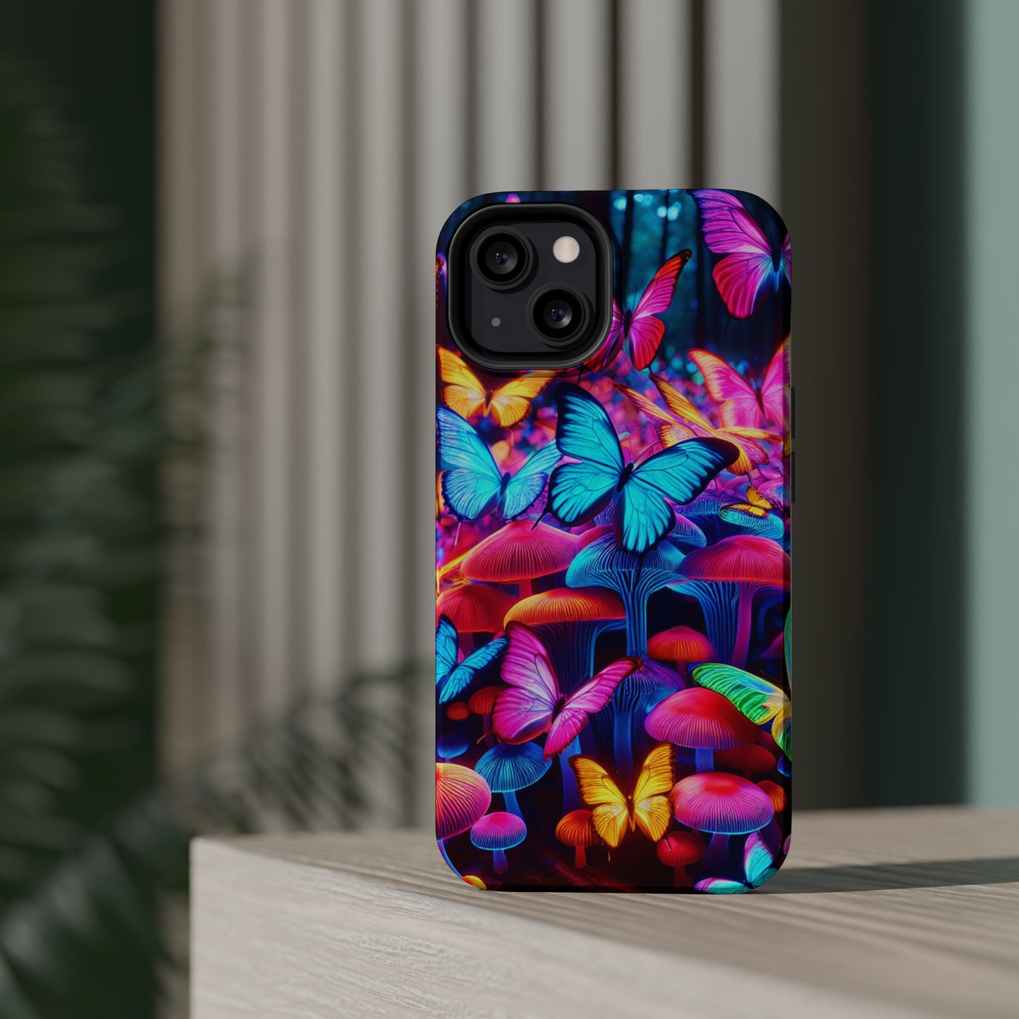 "Neon Tie-Dye Garden" Neon Butterflies and Mushrooms Premium Art Magsafe Magnet Tough IPhone 13 14 15 Pro Plus Max and Mini in Matte and Glossy Phone cases