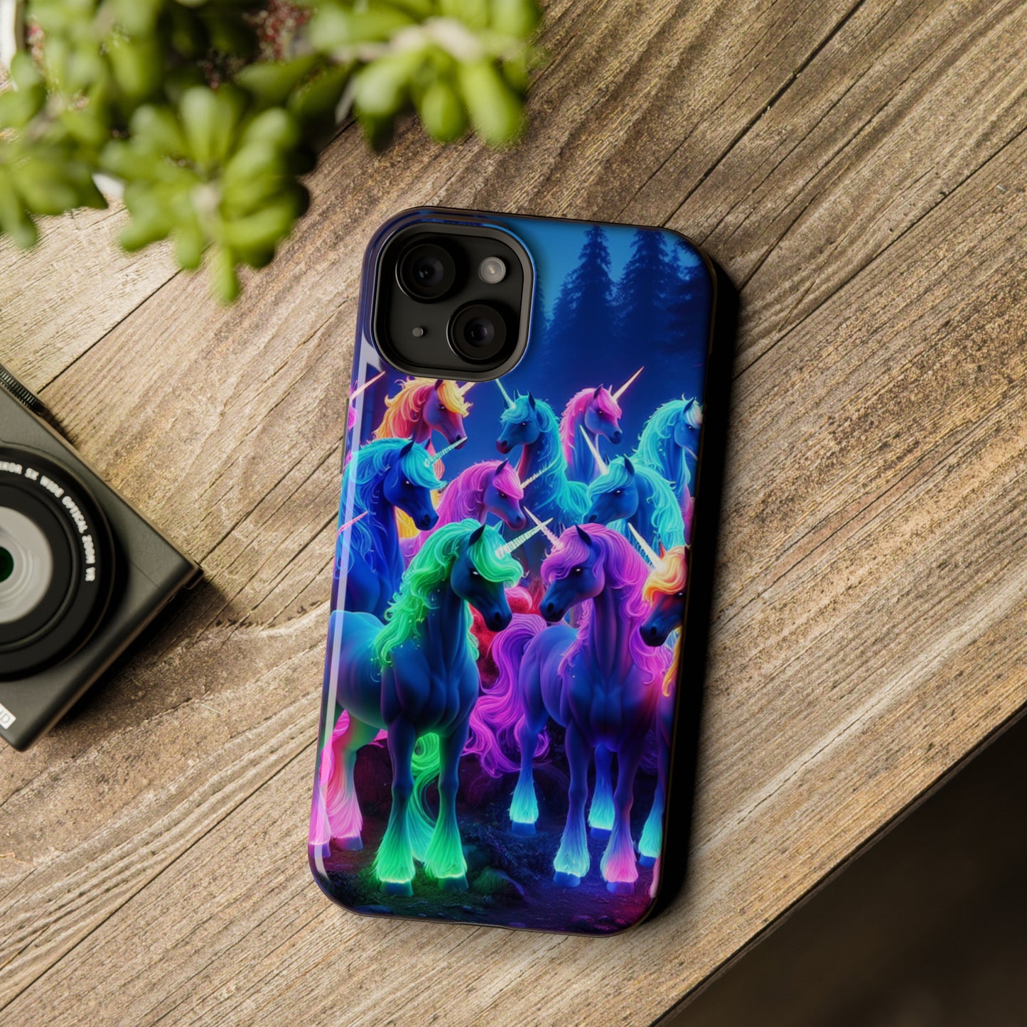 "Neon Fantasyland" Neon Unicorns Premium Art Magsafe Magnet Tough IPhone 13 14 15 Pro Plus Max and Mini in Matte and Glossy Phone cases
