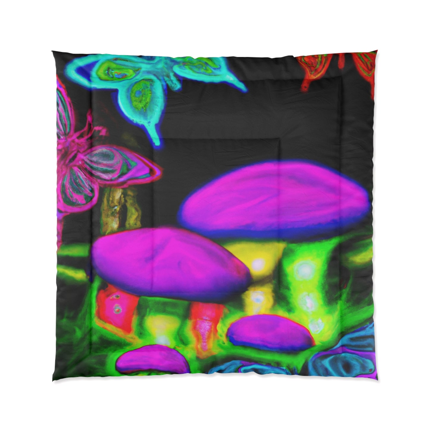 "Neon Rainforest Symphony" Butterflies & Mushrooms Comforter Blanket