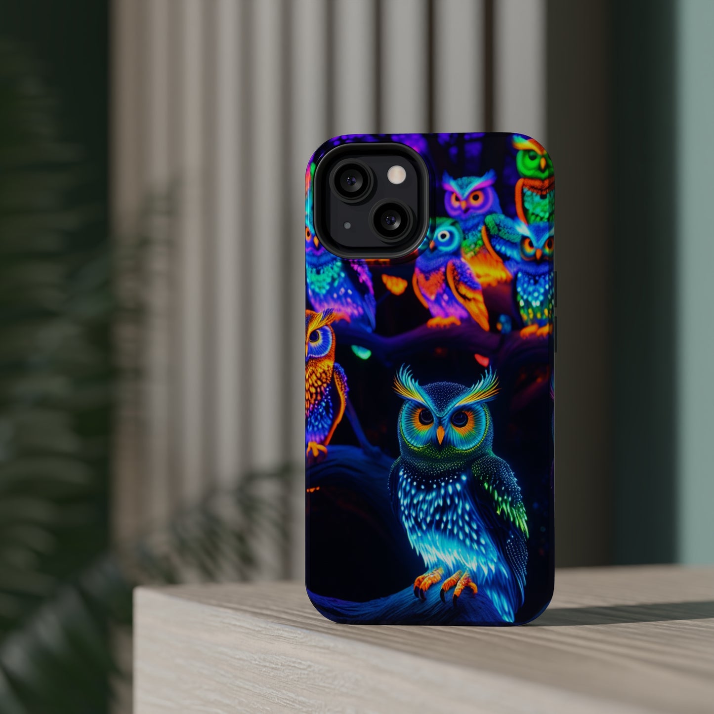 Glowing Neon Clan. Neon Owls Premium Art Magsafe Magnet Tough IPhone 13 14 15 Pro Plus Max and Mini in Matte and Glossy Phone cases