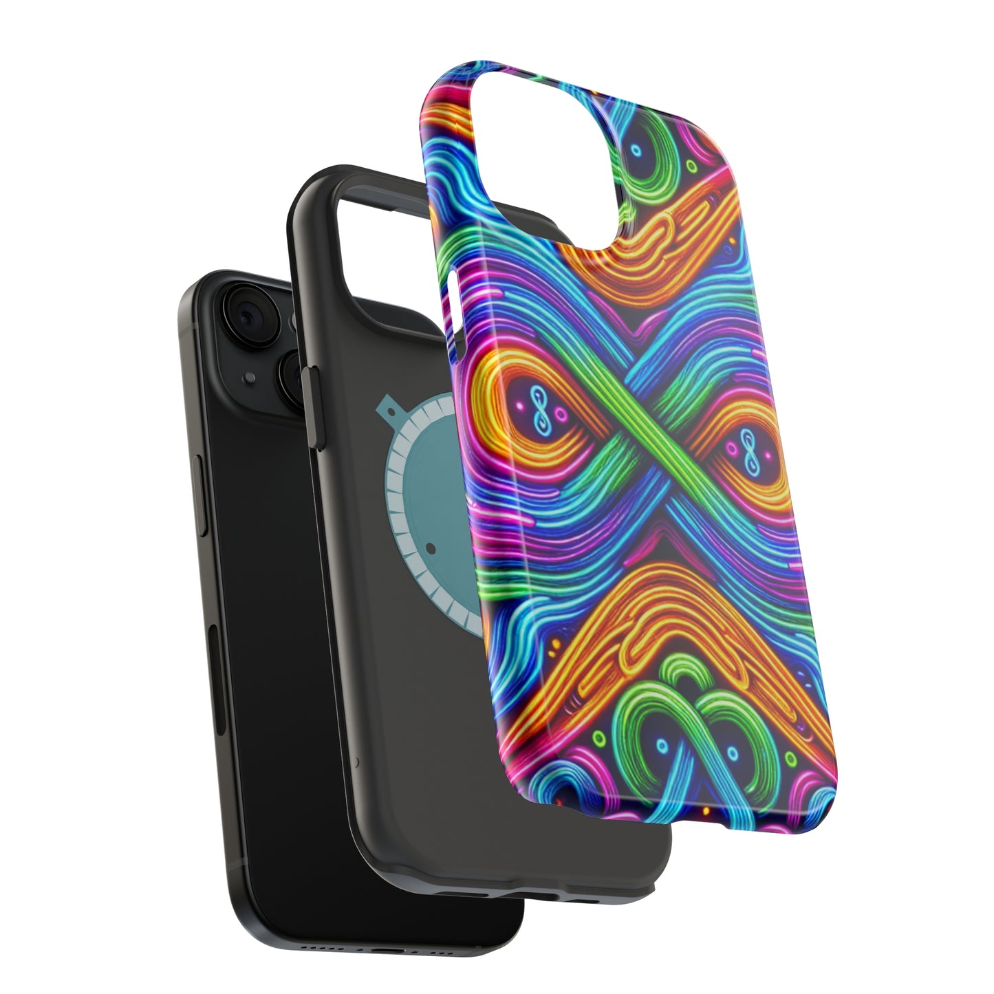 Cosmic Neon Infinity Spectacular. Neon Trippy Infinity Patterns Premium Art Magsafe Magnet Tough IPhone 13 14 15 Pro Plus Max and Mini in Matte and Glossy Phone cases