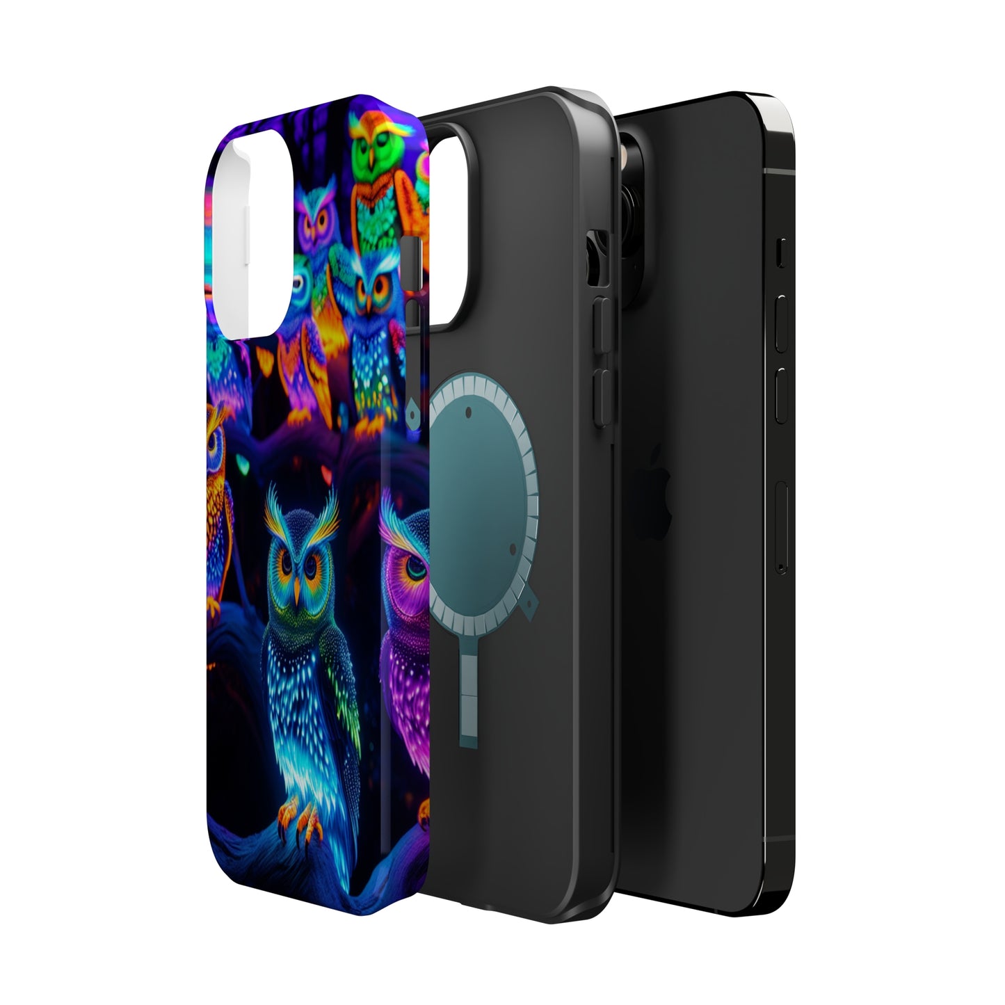 Glowing Neon Clan. Neon Owls Premium Art Magsafe Magnet Tough IPhone 13 14 15 Pro Plus Max and Mini in Matte and Glossy Phone cases