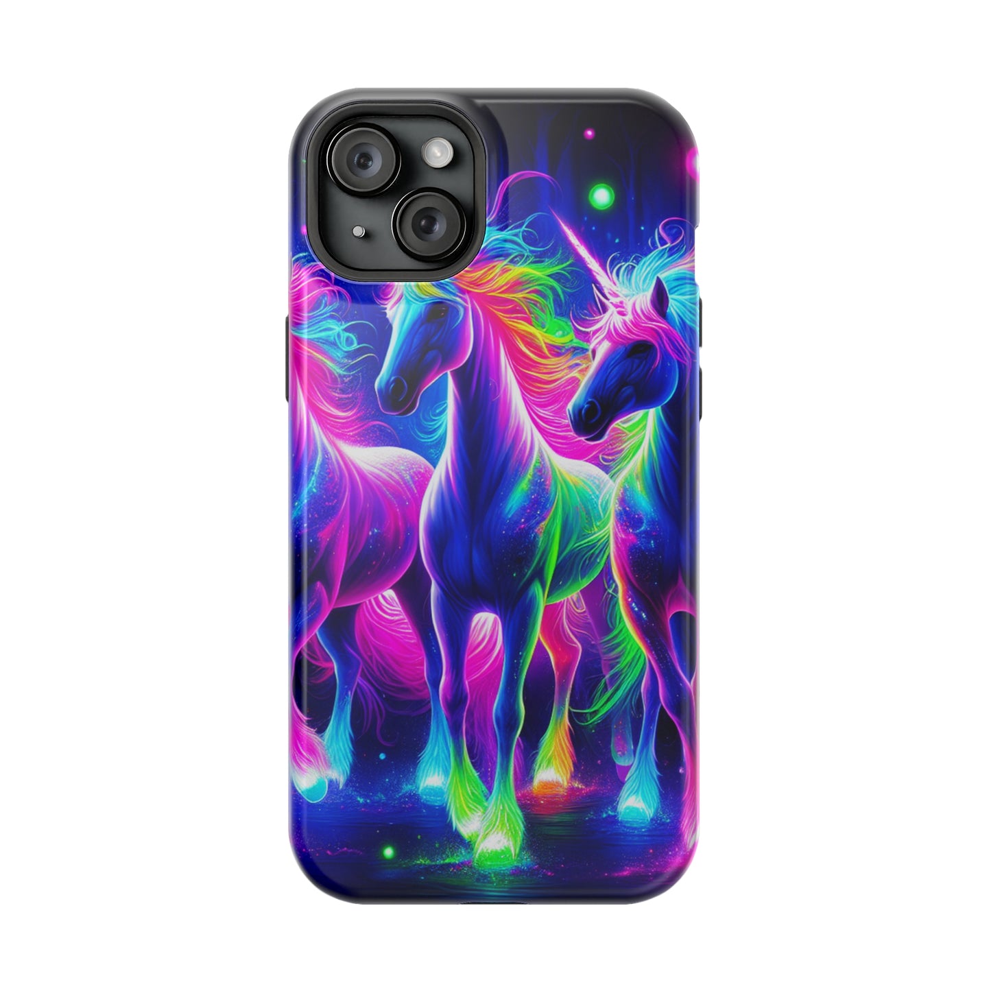 "Uni-Neon Fantasy" Neon Unicorns Premium Art Magsafe Magnet Tough IPhone 13 14 15 Pro Plus Max and Mini in Matte and Glossy Phone cases