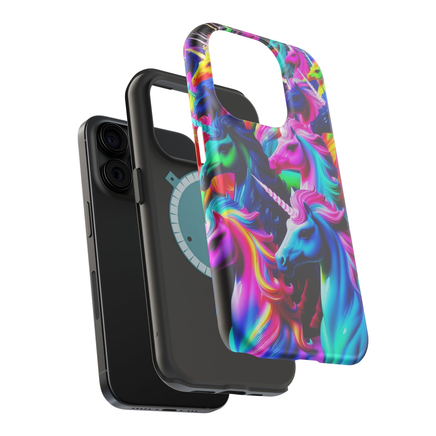 "Neon Illumination" Neon Unicorns Premium Art Magsafe Magnet Tough IPhone 13 14 15 Pro Plus Max and Mini in Matte and Glossy Phone cases