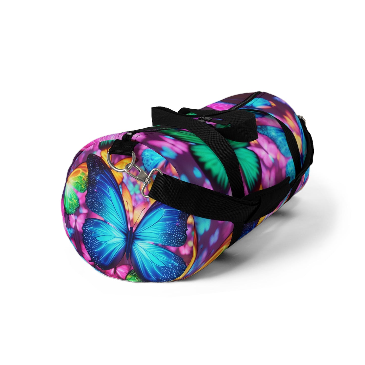"Illuminated Flutter" - Neon Butterflies Duffle Bag