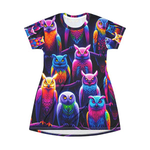 "Owlmaste of the Prismatic Night" Neon Owls Womans T Shirt Dress