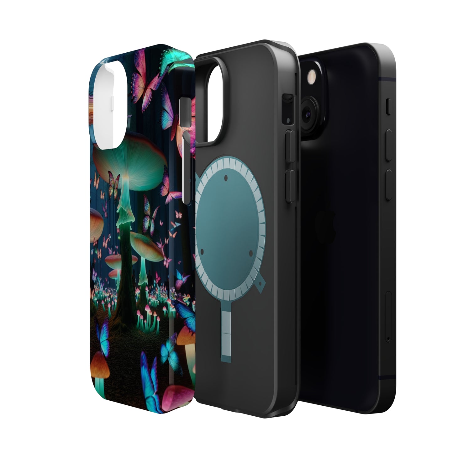Neon Garden Delight. Neon Butterflies and Mushrooms Premium Art Magsafe Magnet Tough IPhone 13 14 15 Pro Plus Max and Mini in Matte and Glossy Phone cases