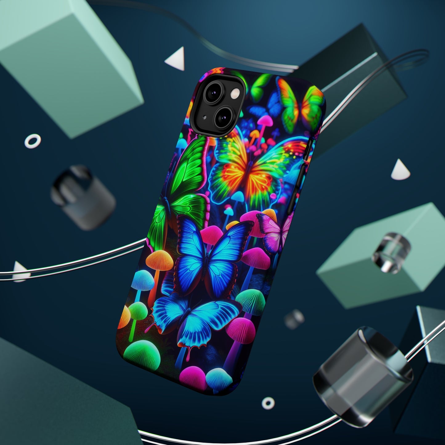 "Fantastic Fruition" Neon Butterflies and Mushrooms Premium Art Magsafe Magnet Tough IPhone 13 14 15 Pro Plus Max and Mini in Matte and Glossy Phone cases
