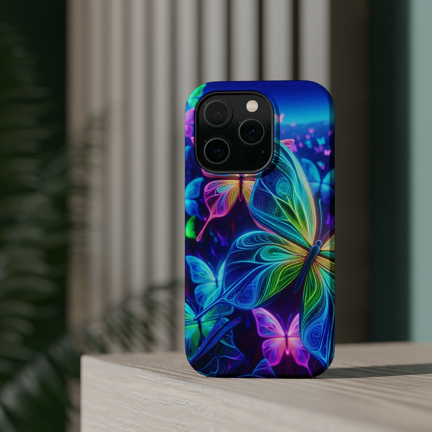 'Serene Spectacle of Neon Butterflies' Neon Butterflies Premium Art Magsafe Magnet Tough IPhone 13 14 15 Pro Plus Max and Mini in Matte and Glossy Phone cases