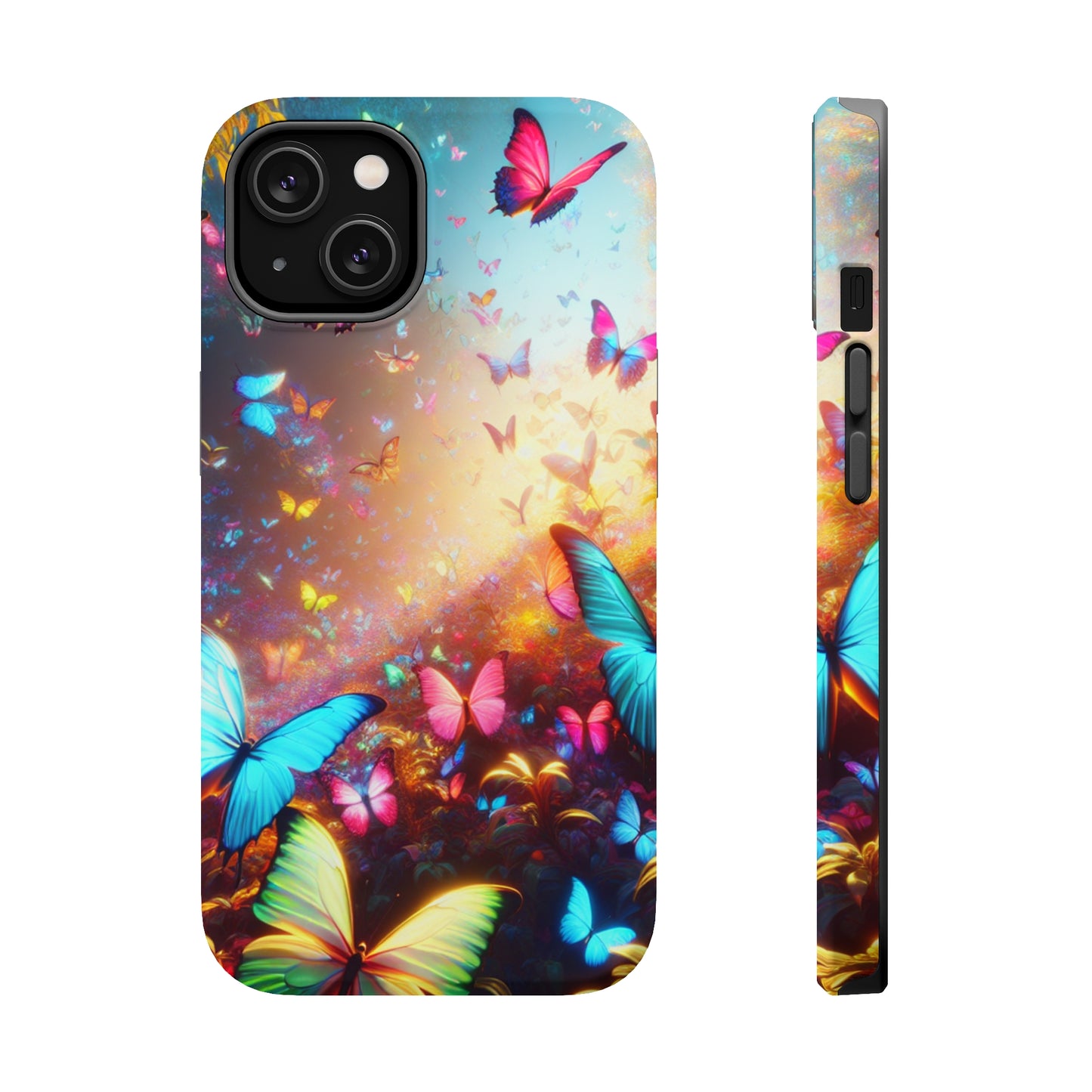 "Neon Butterfly Blooms" Neon Butterflies Premium Art Magsafe Magnet Tough IPhone 13 14 15 Pro Plus Max and Mini in Matte and Glossy Phone cases