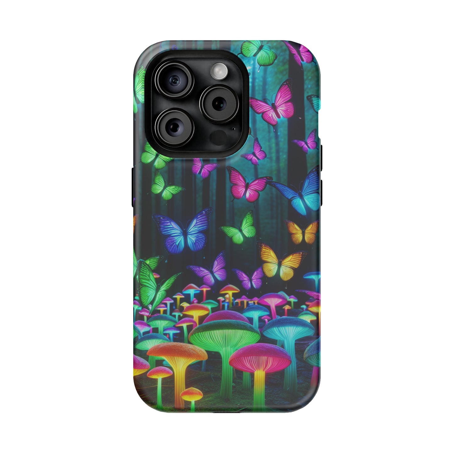 "Vivid Neon Splendor" Neon Butterflies and Mushrooms Premium Art Magsafe Magnet Tough IPhone 13 14 15 Pro Plus Max and Mini in Matte and Glossy Phone cases