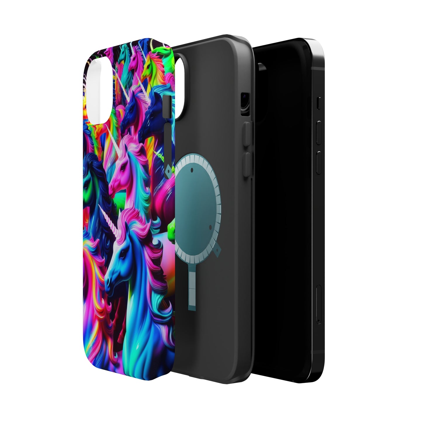 "Neon Illumination" Neon Unicorns Premium Art Magsafe Magnet Tough IPhone 13 14 15 Pro Plus Max and Mini in Matte and Glossy Phone cases