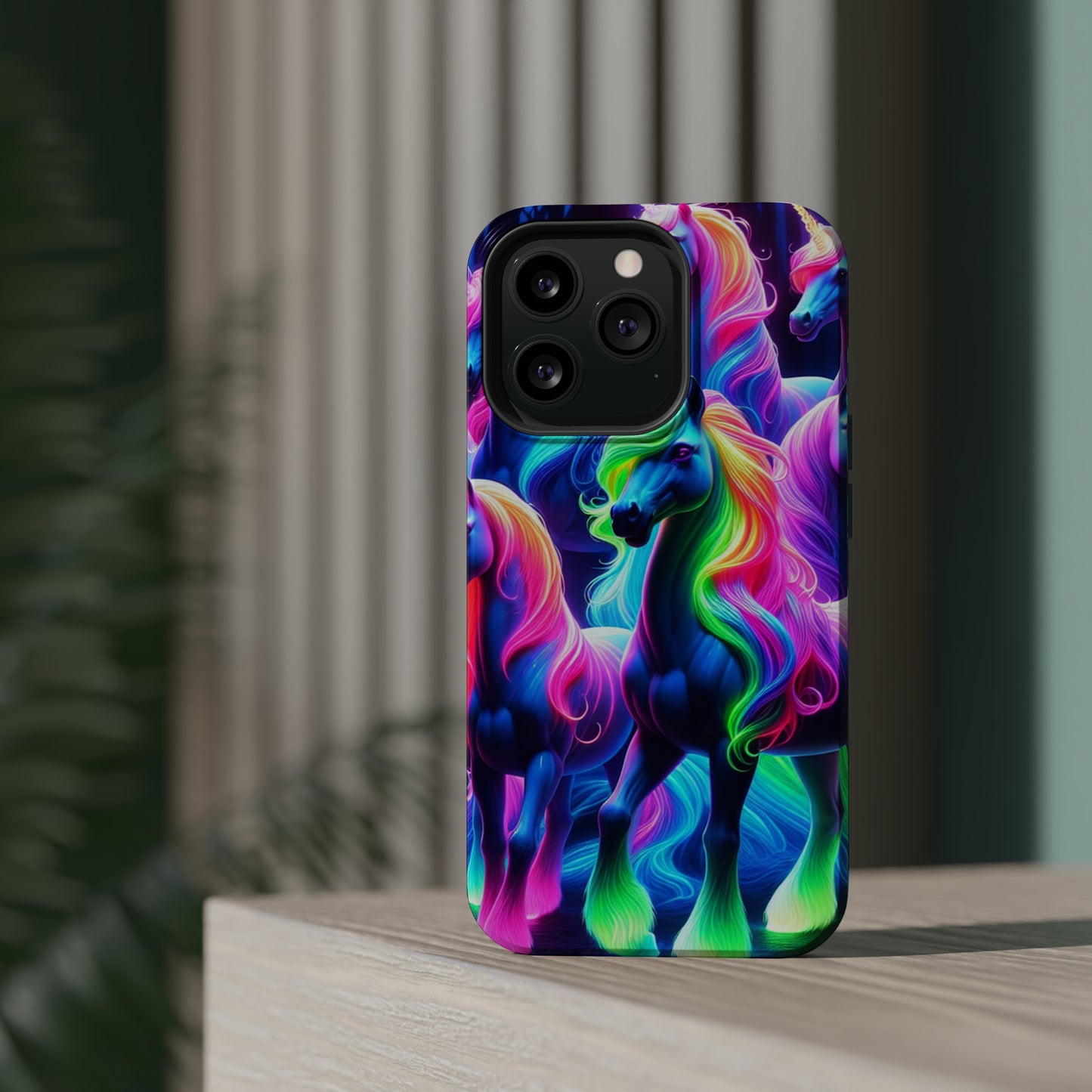 Neon Magic Skies - Unicorn Gang. Neon Unicorns Premium Art Magsafe Magnet Tough IPhone 13 14 15 Pro Plus Max and Mini in Matte and Glossy Phone cases