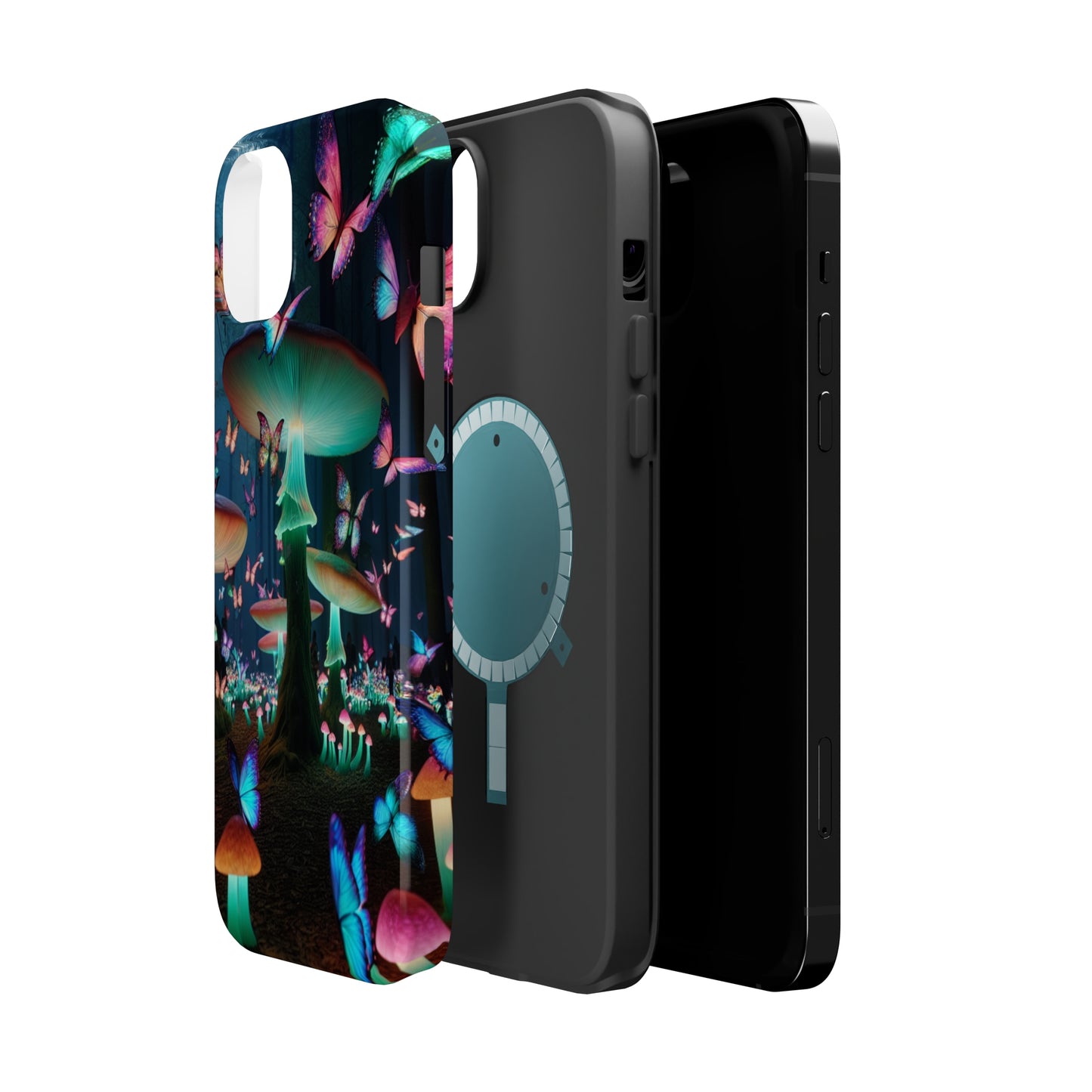 Neon Garden Delight. Neon Butterflies and Mushrooms Premium Art Magsafe Magnet Tough IPhone 13 14 15 Pro Plus Max and Mini in Matte and Glossy Phone cases