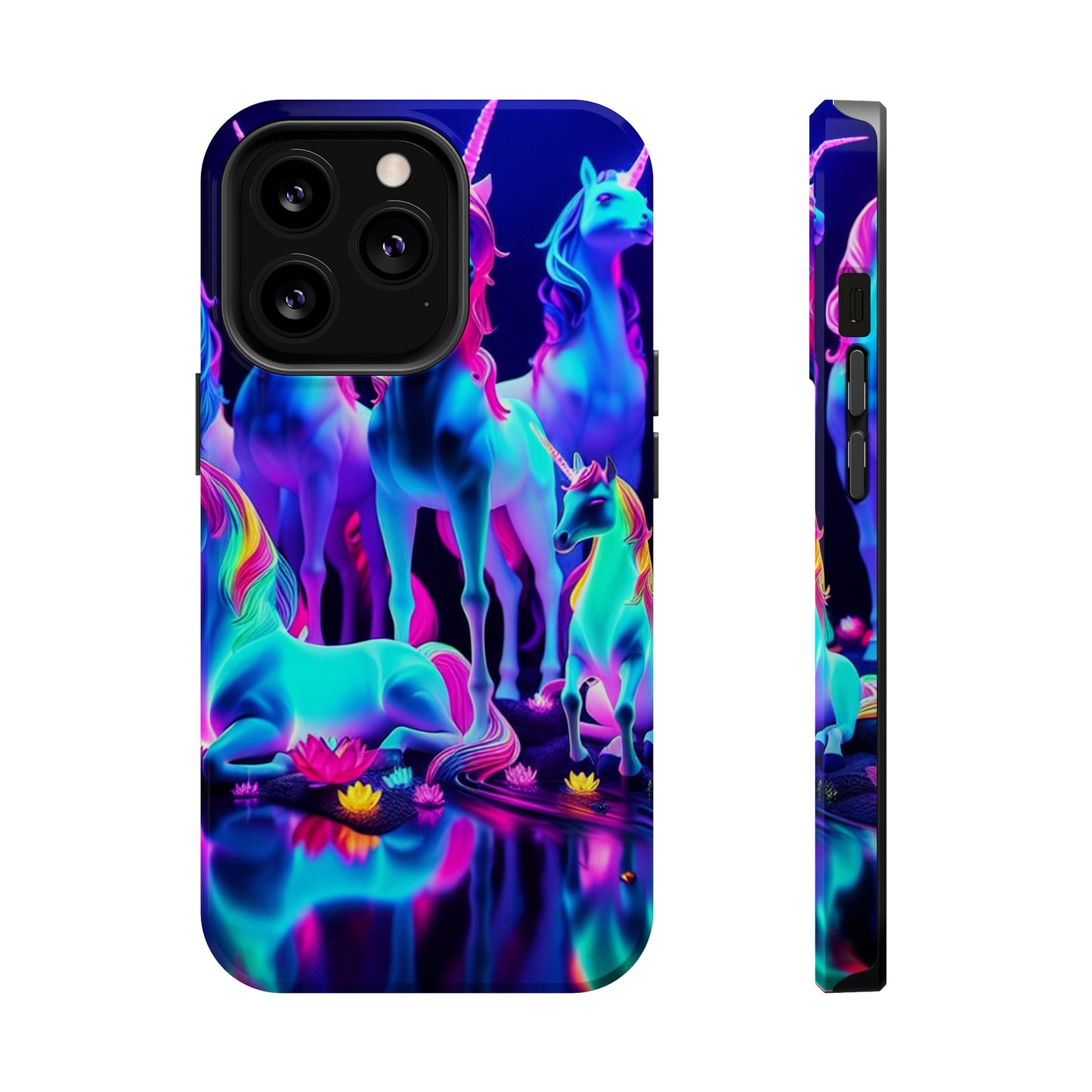 'Neon Dreamscape of Uni-Colors' Neon Unicorns Premium Art Magsafe Magnet Tough IPhone 13 14 15 Pro Plus Max and Mini in Matte and Glossy Phone cases