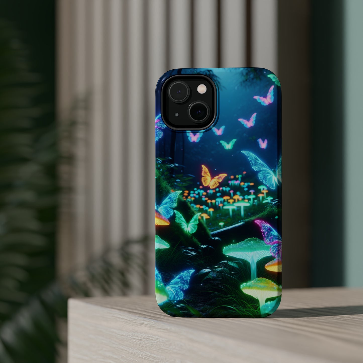 "Neon Meadow" Neon Butterflies and Mushrooms Premium Art Magsafe Magnet Tough IPhone 13 14 15 Pro Plus Max and Mini in Matte and Glossy Phone cases