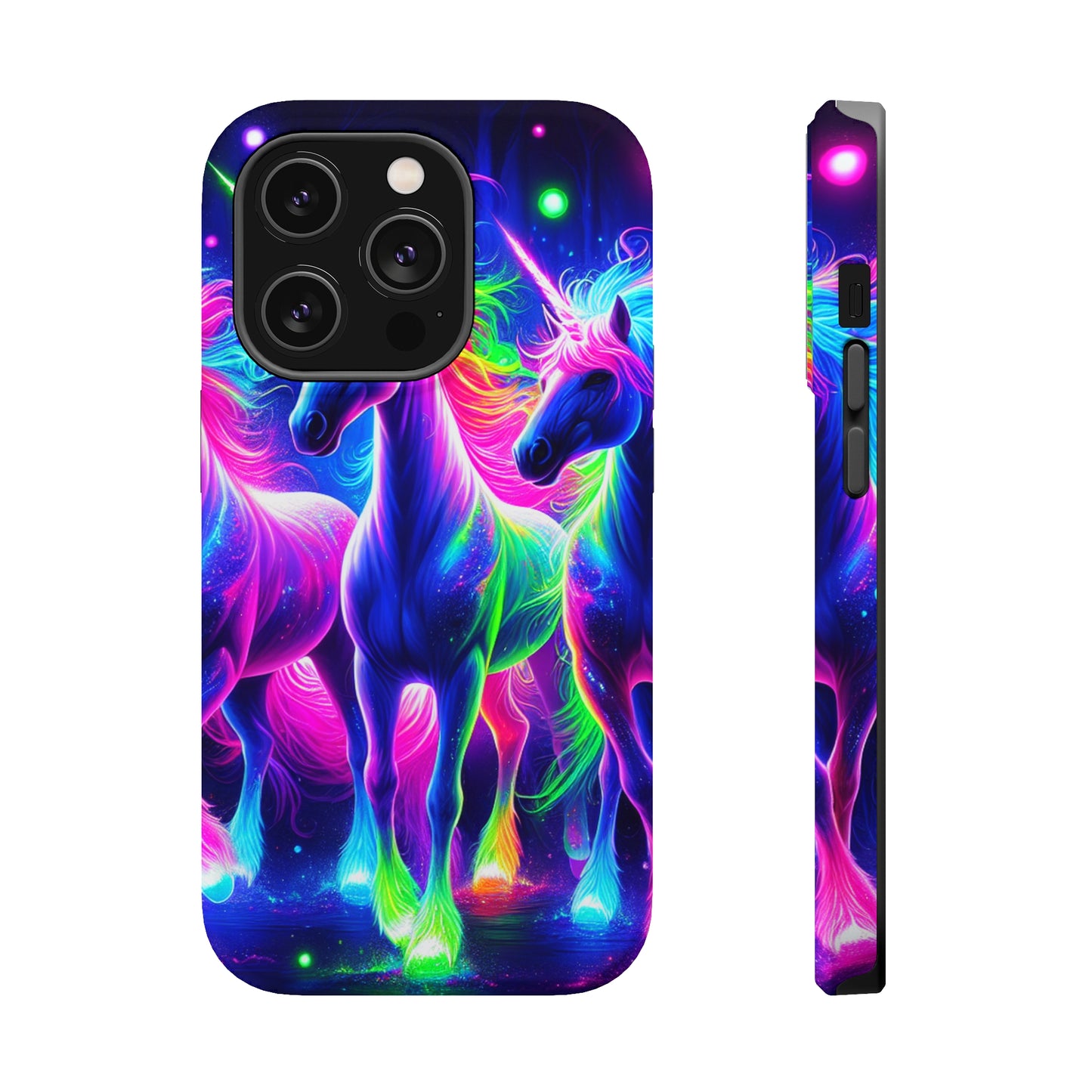 "Uni-Neon Fantasy" Neon Unicorns Premium Art Magsafe Magnet Tough IPhone 13 14 15 Pro Plus Max and Mini in Matte and Glossy Phone cases