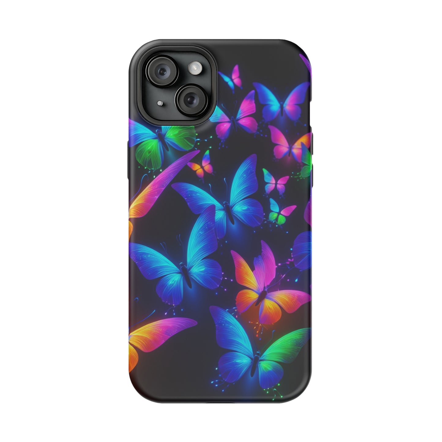 "Vibrant Neon Flutter" Neon Butterflies Premium Art Magsafe Magnet Tough IPhone 13 14 15 Pro Plus Max and Mini in Matte and Glossy Phone cases