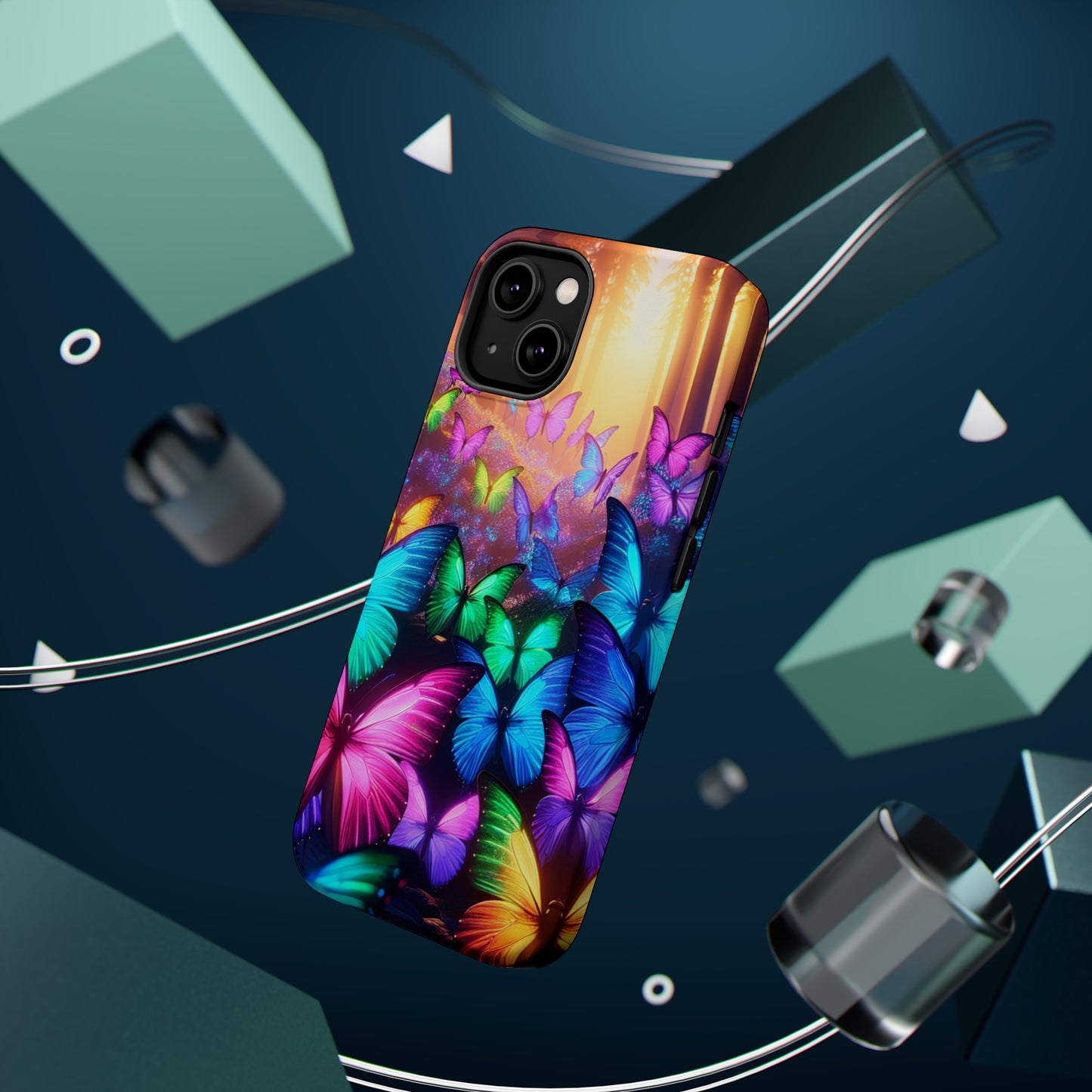 "Radiant Glowing Flight" Neon Butterflies Premium Art Magsafe Magnet Tough IPhone 13 14 15 Pro Plus Max and Mini in Matte and Glossy Phone cases