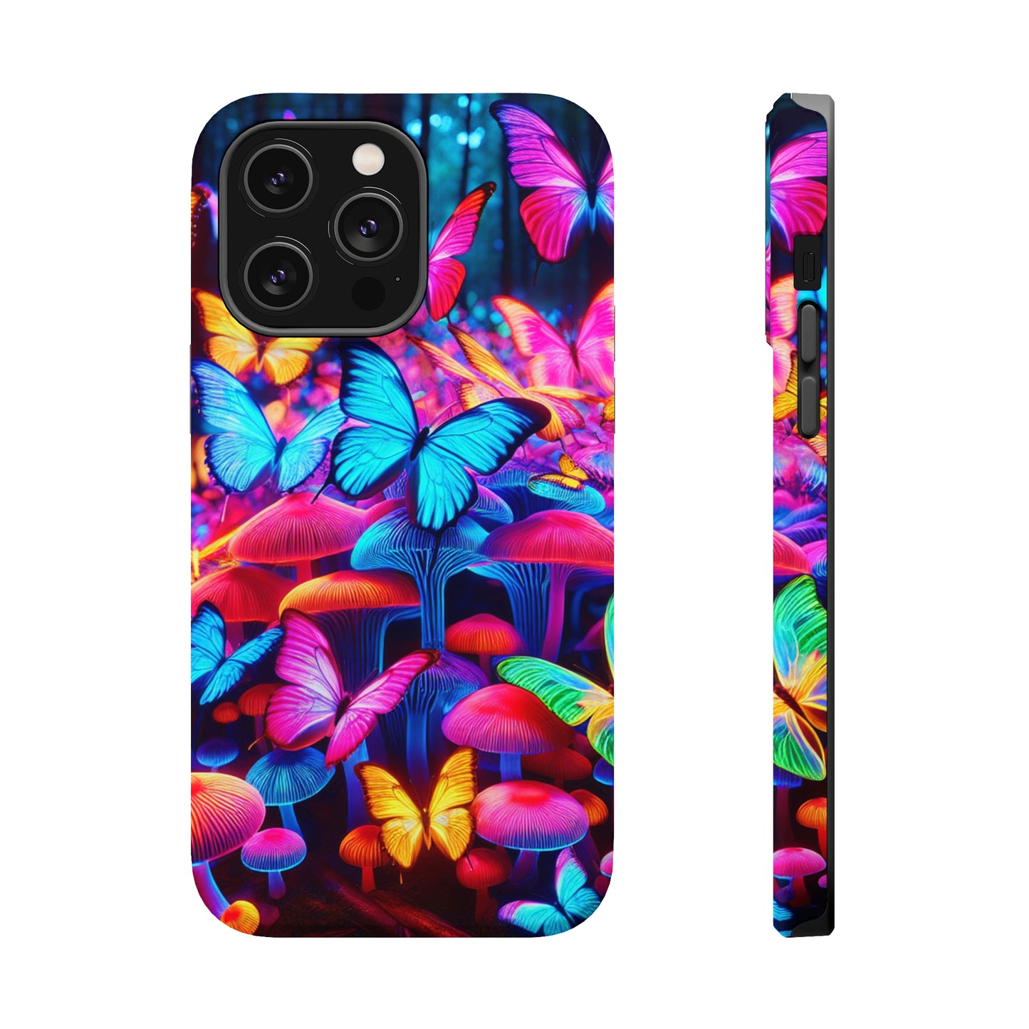 "Neon Tie-Dye Garden" Neon Butterflies and Mushrooms Premium Art Magsafe Magnet Tough IPhone 13 14 15 Pro Plus Max and Mini in Matte and Glossy Phone cases