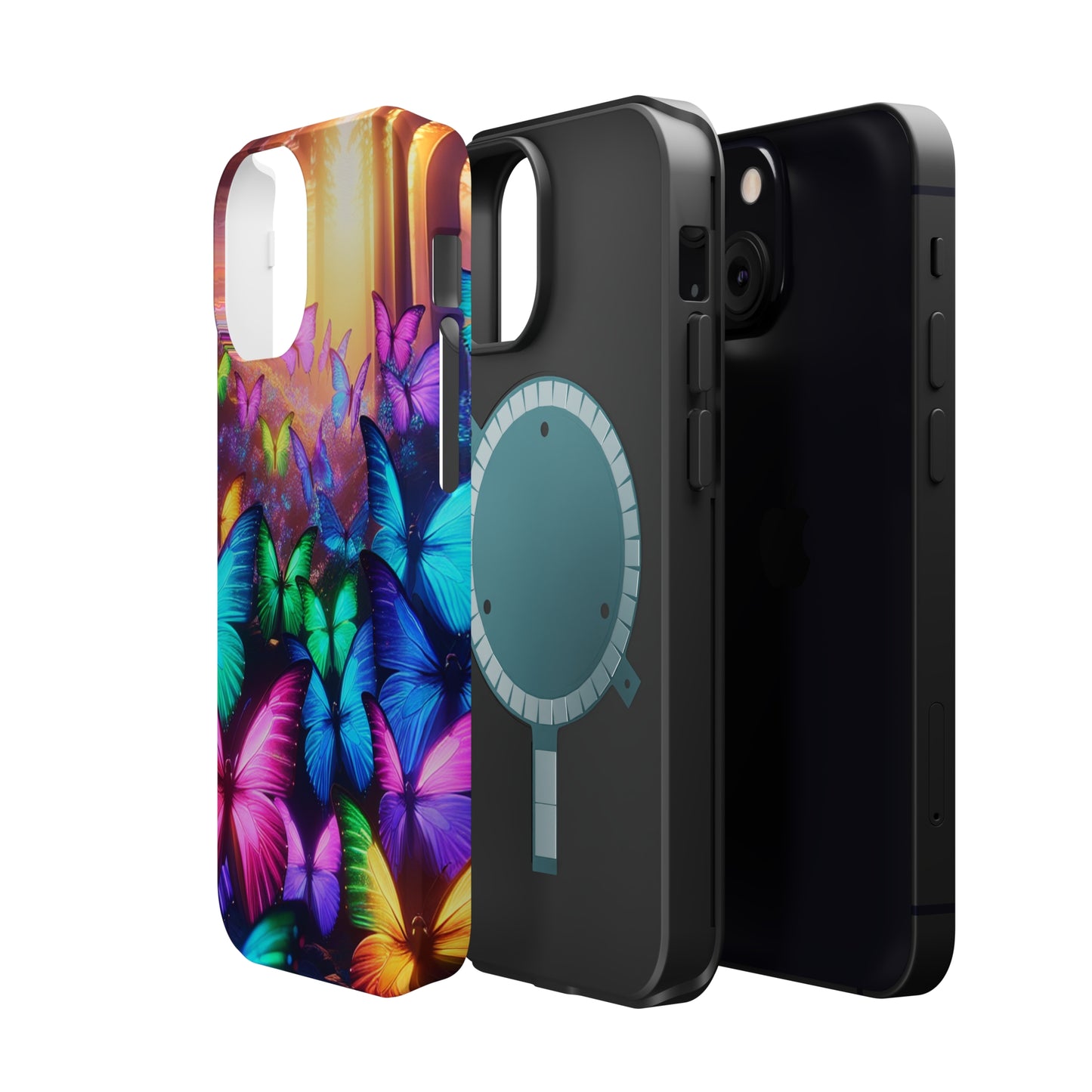 "Radiant Glowing Flight" Neon Butterflies Premium Art Magsafe Magnet Tough IPhone 13 14 15 Pro Plus Max and Mini in Matte and Glossy Phone cases