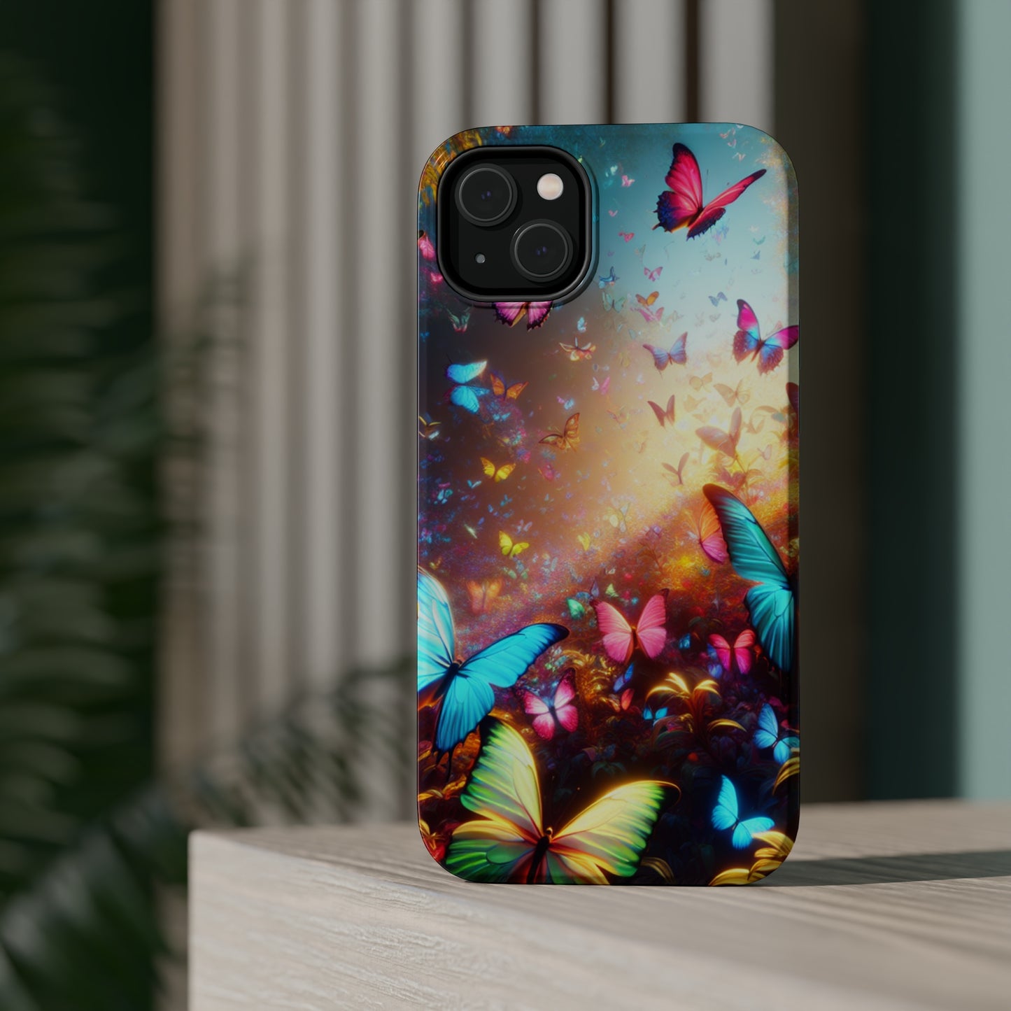 "Neon Butterfly Blooms" Neon Butterflies Premium Art Magsafe Magnet Tough IPhone 13 14 15 Pro Plus Max and Mini in Matte and Glossy Phone cases