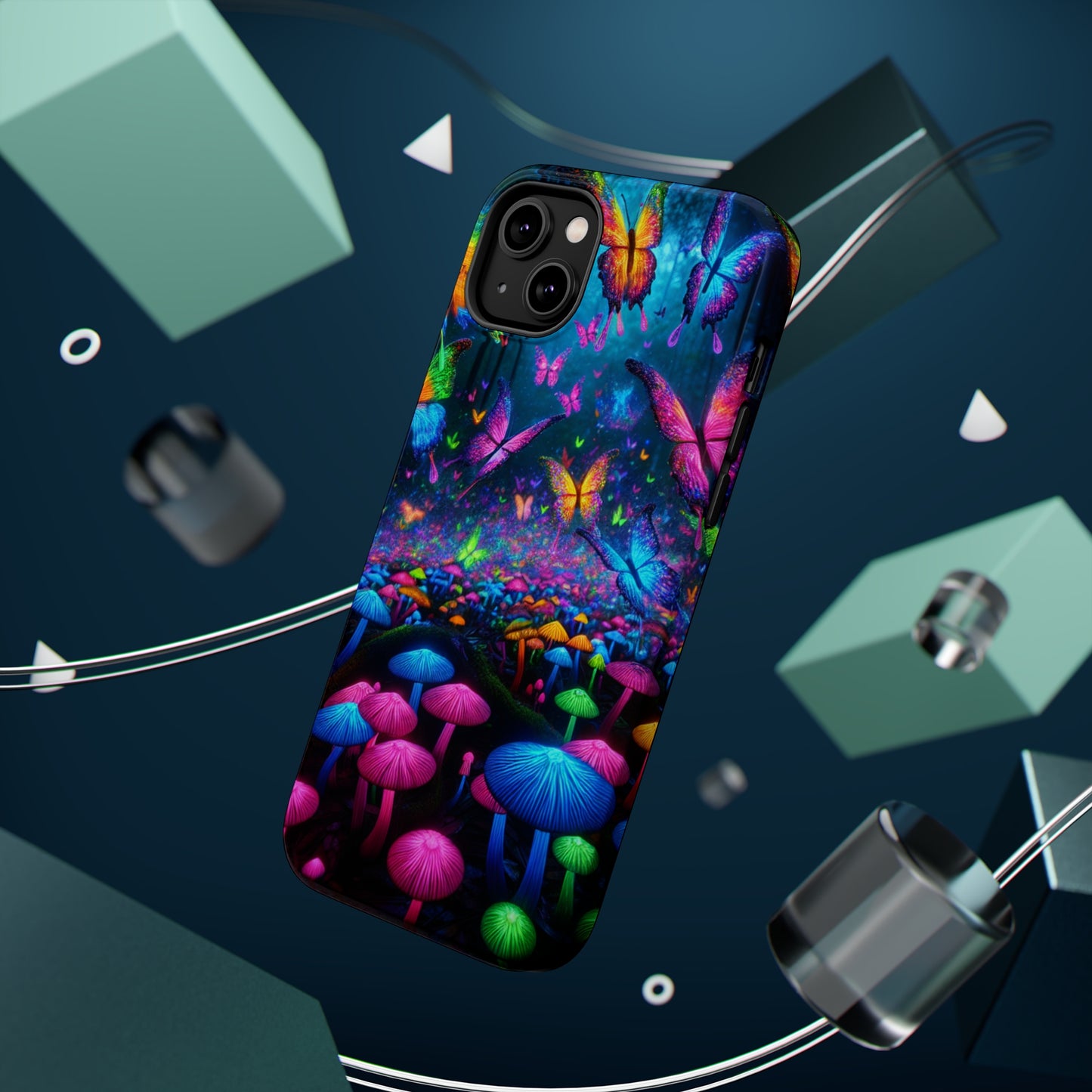 Neon Fruition Neon Butterflies and Mushrooms Premium Art Magsafe Magnet Tough IPhone 13 14 15 Pro Plus Max and Mini in Matte and Glossy Phone cases