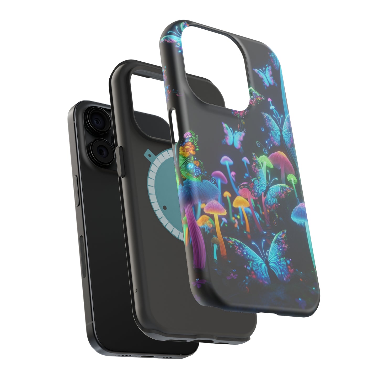 "Neon Dreamscape" Neon Butterflies and Mushrooms Premium Art Magsafe Magnet Tough IPhone 13 14 15 Pro Plus Max and Mini in Matte and Glossy Phone cases