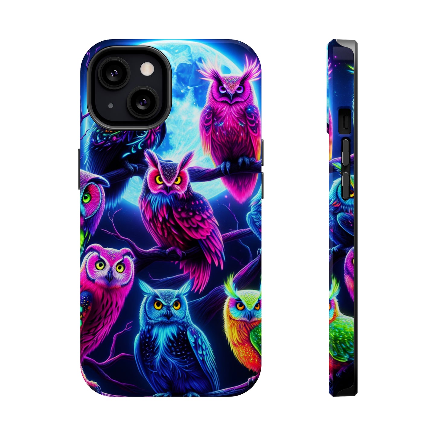 "Neon Splash of Owls" Neon Owls Premium Art Magsafe Magnet Tough IPhone 13 14 15 Pro Plus Max and Mini in Matte and Glossy Phone cases