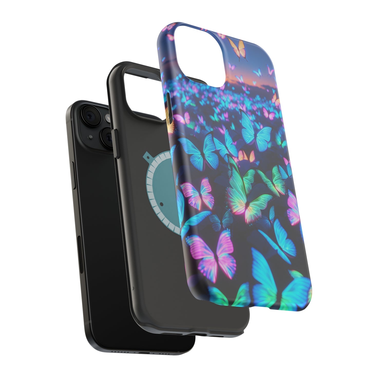 "Fantasia of Neon Butterflies" Neon Butterflies Premium Art Magsafe Magnet Tough IPhone 13 14 15 Pro Plus Max and Mini in Matte and Glossy Phone cases