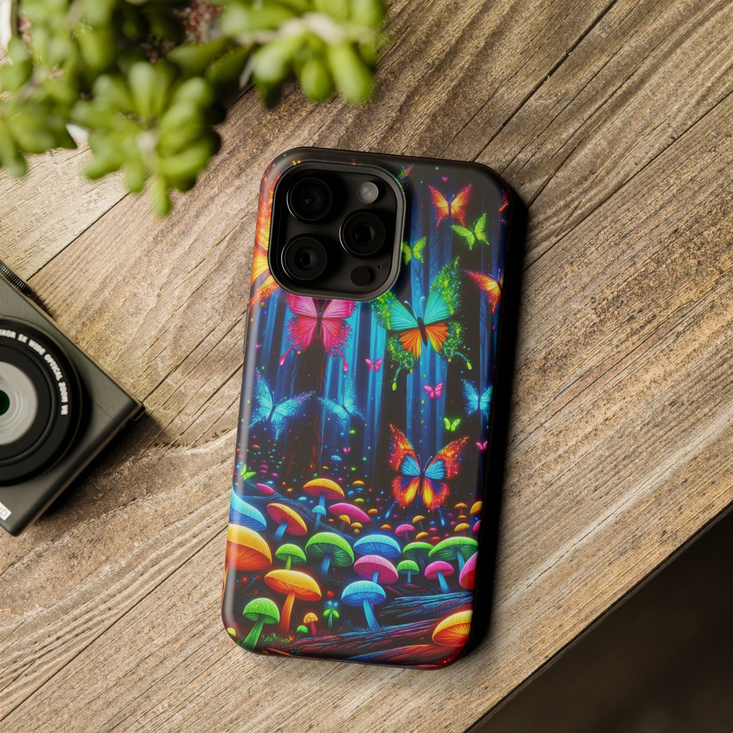 Neon Fantasia. Neon Butterflies and Mushrooms Premium Art Magsafe Magnet Tough IPhone 13 14 15 Pro Plus Max and Mini in Matte and Glossy Phone cases