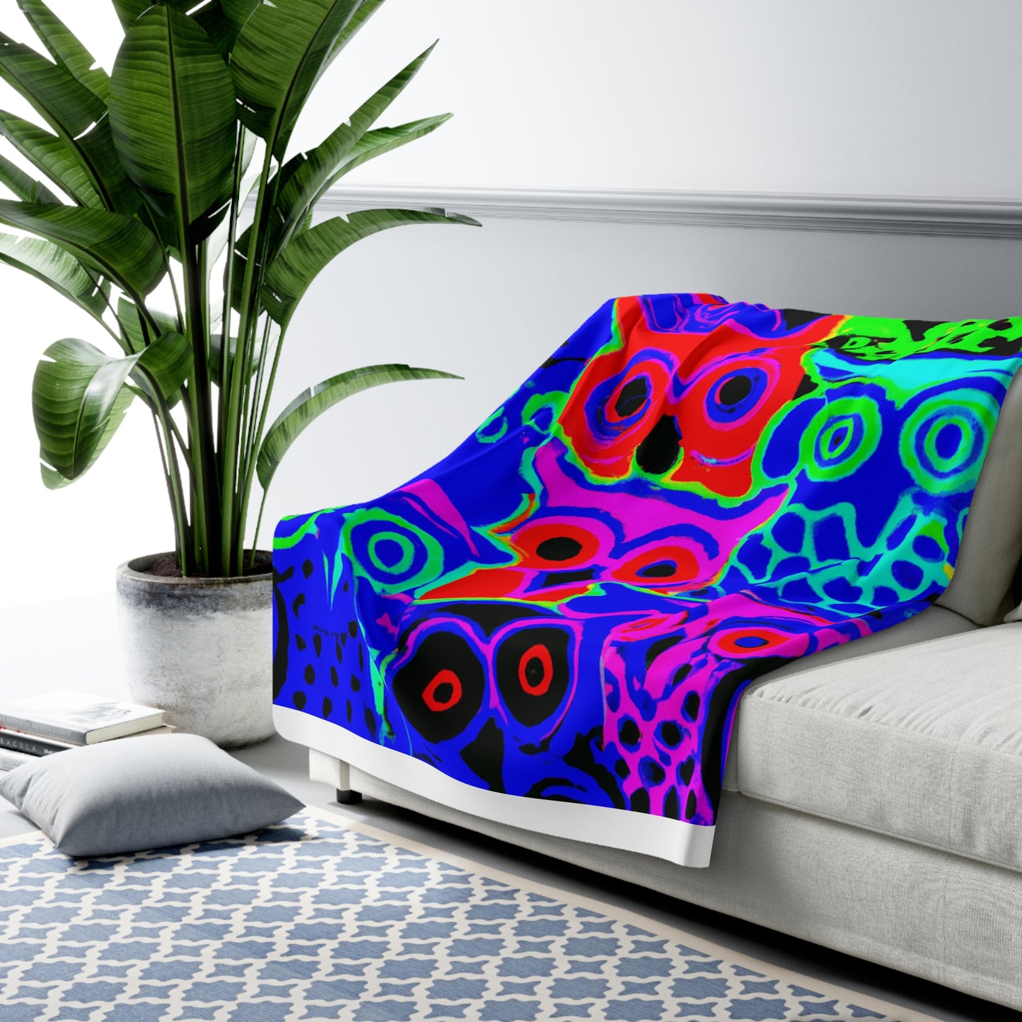 "Electric Night Owls" - NEON Owls Art Sherpa Blanket