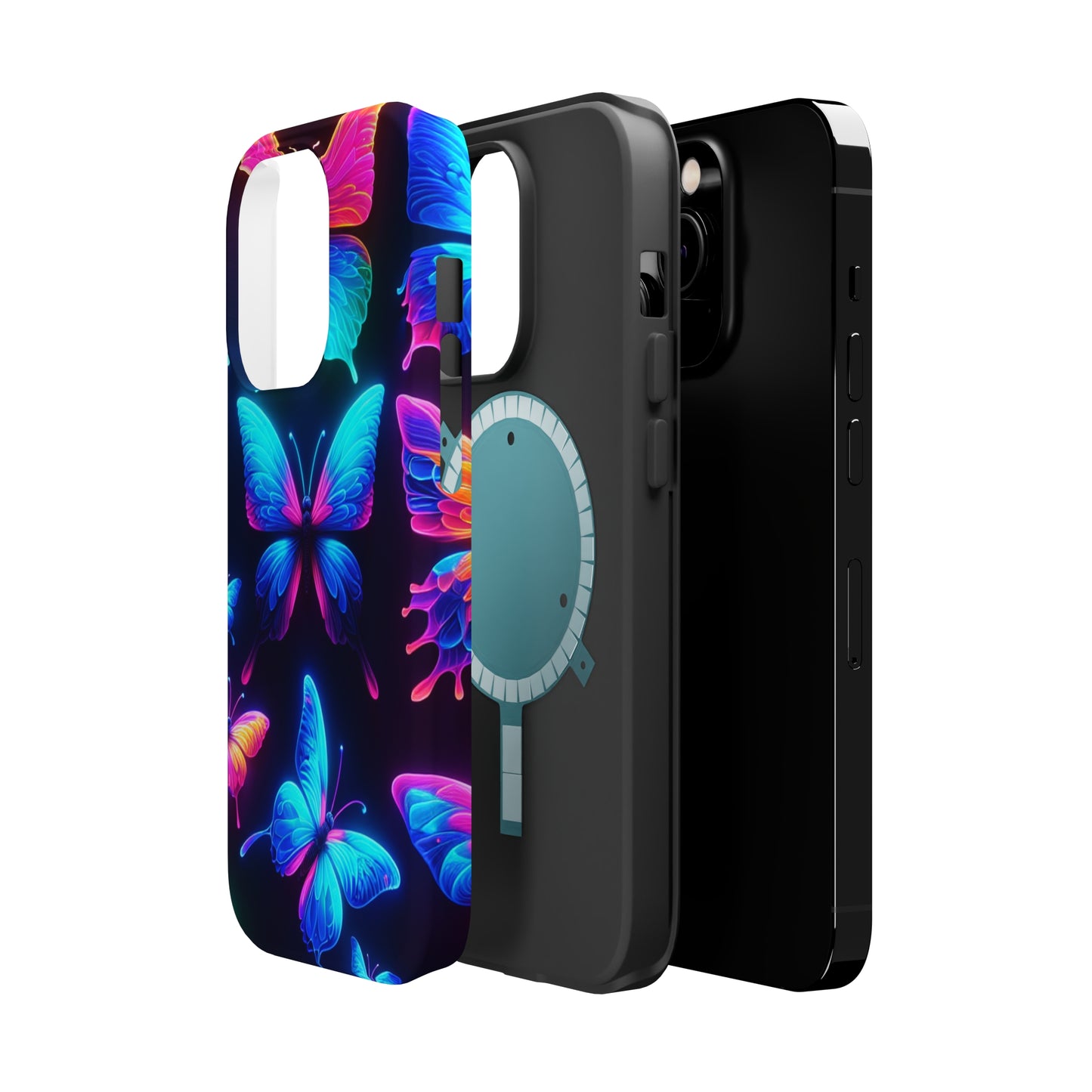 "Neon Flight Frenzy" Neon Butterflies Premium Art Magsafe Magnet Tough IPhone 13 14 15 Pro Plus Max and Mini in Matte and Glossy Phone cases