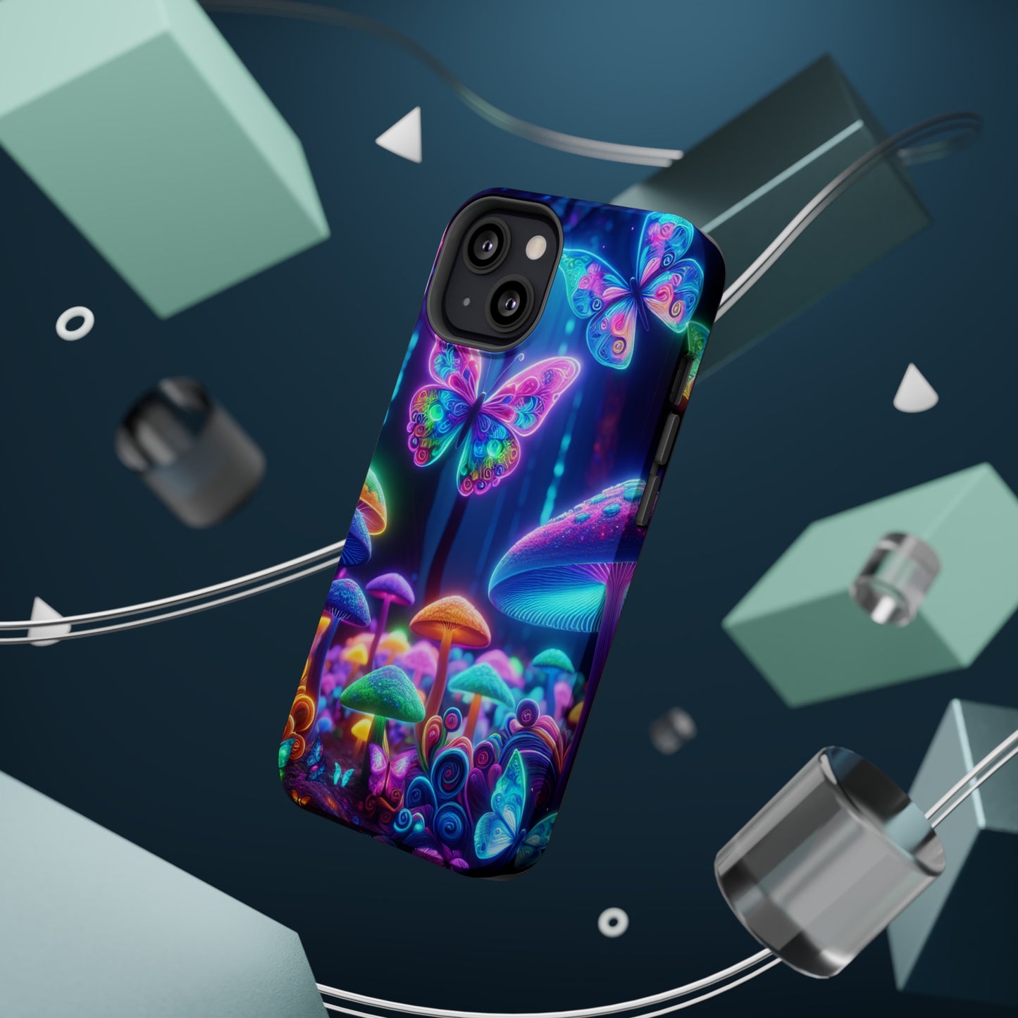 Neon Ecstasy. Neon Butterflies and Mushrooms Premium Art Magsafe Magnet Tough IPhone 13 14 15 Pro Plus Max and Mini in Matte and Glossy Phone cases