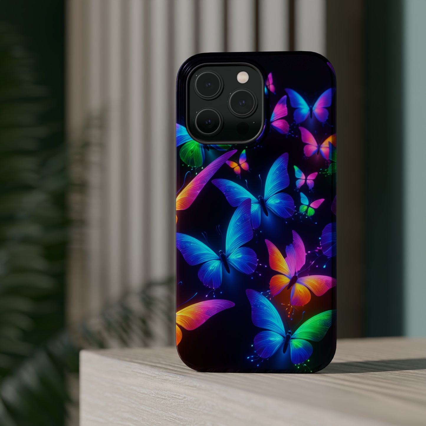 "Vibrant Neon Flutter" Neon Butterflies Premium Art Magsafe Magnet Tough IPhone 13 14 15 Pro Plus Max and Mini in Matte and Glossy Phone cases