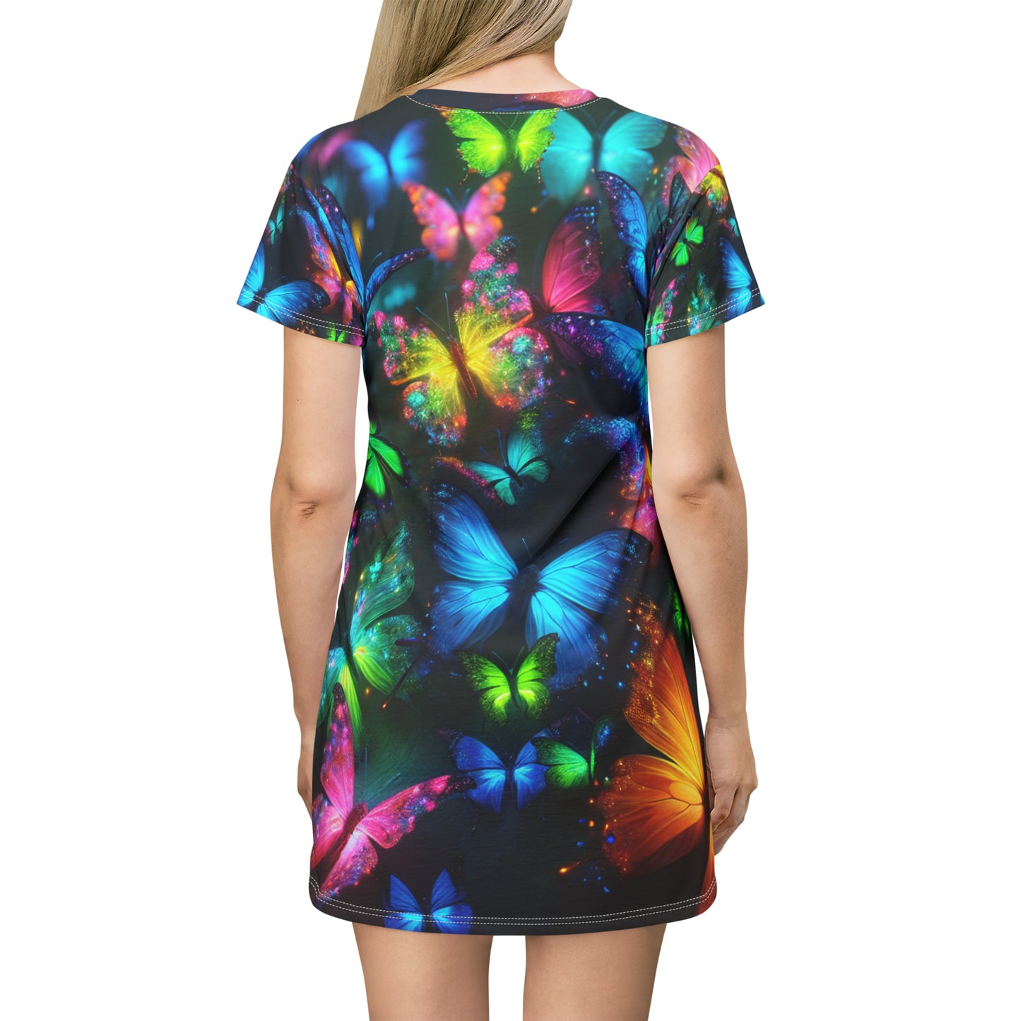 "Glow Flutter's Symphony" Neon Butterflies Womans T Shirt Dress