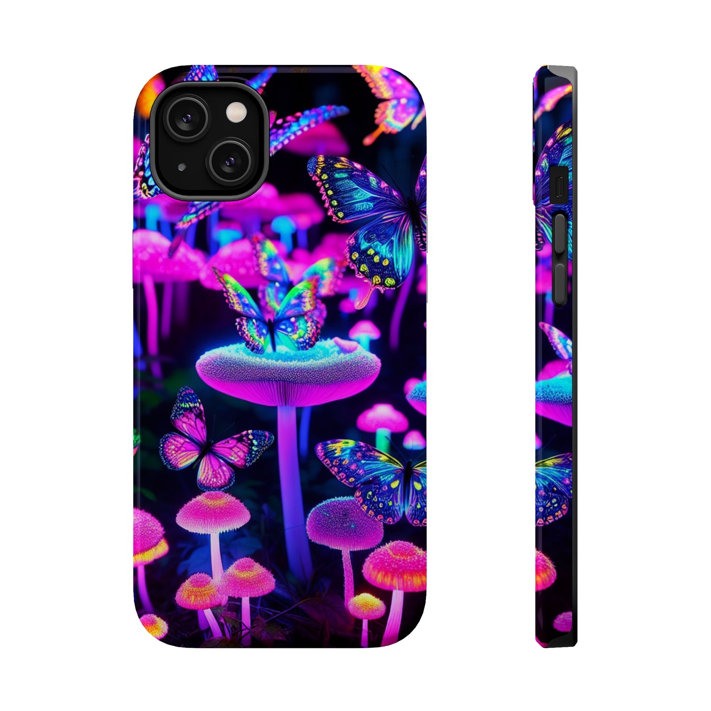 "Neon Gloomsprite Dance" Neon Butterflies and Mushrooms Premium Art Magsafe Magnet Tough IPhone 13 14 15 Pro Plus Max and Mini in Matte and Glossy Phone cases