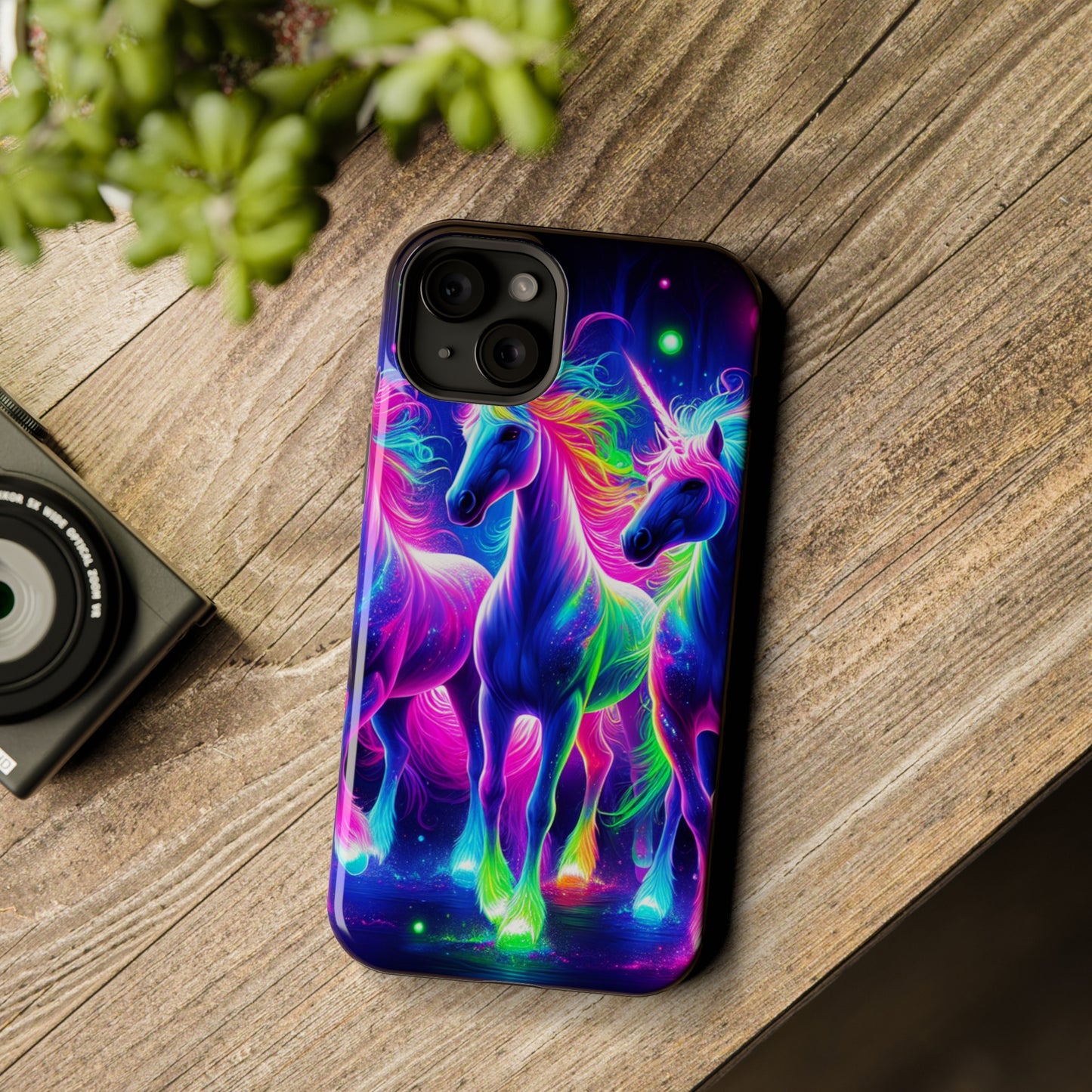 "Uni-Neon Fantasy" Neon Unicorns Premium Art Magsafe Magnet Tough IPhone 13 14 15 Pro Plus Max and Mini in Matte and Glossy Phone cases