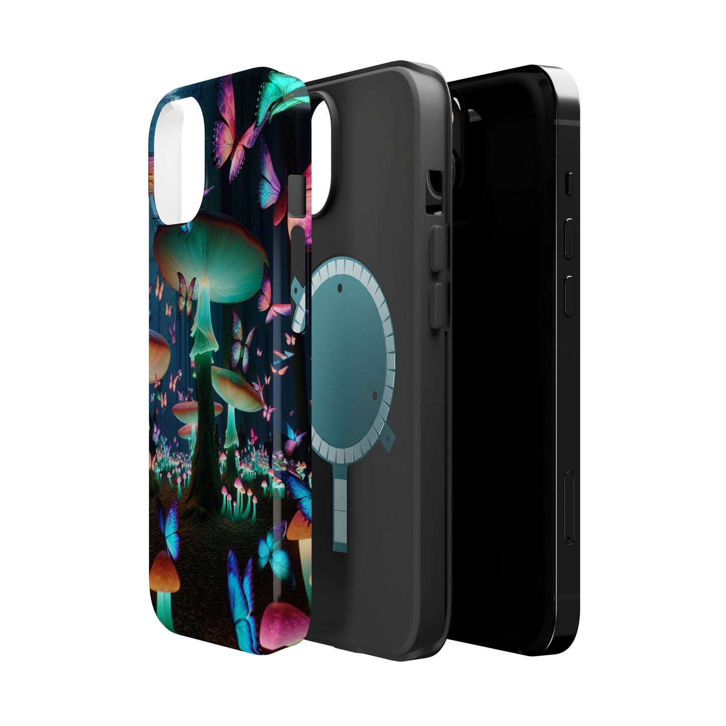 Neon Garden Delight. Neon Butterflies and Mushrooms Premium Art Magsafe Magnet Tough IPhone 13 14 15 Pro Plus Max and Mini in Matte and Glossy Phone cases