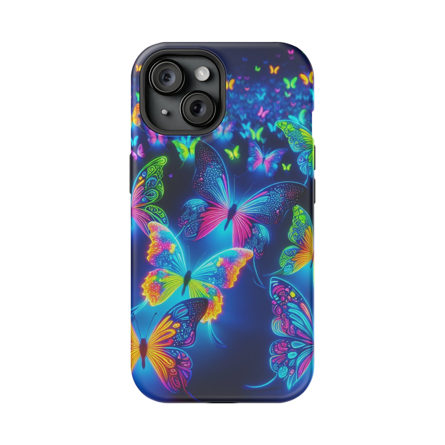 "Atmospheric Fluorescence" Neon Butterflies Premium Art Magsafe Magnet Tough IPhone 13 14 15 Pro Plus Max and Mini in Matte and Glossy Phone cases